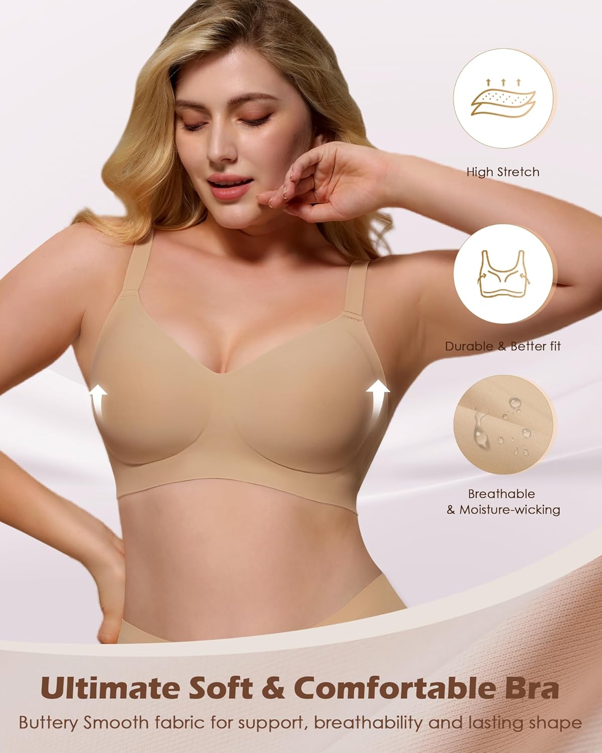 Detalle de As Fairy Wire-Free V-Neck Bralettes with Jelly-Strips Lift (Seamless, 33 Sizes)