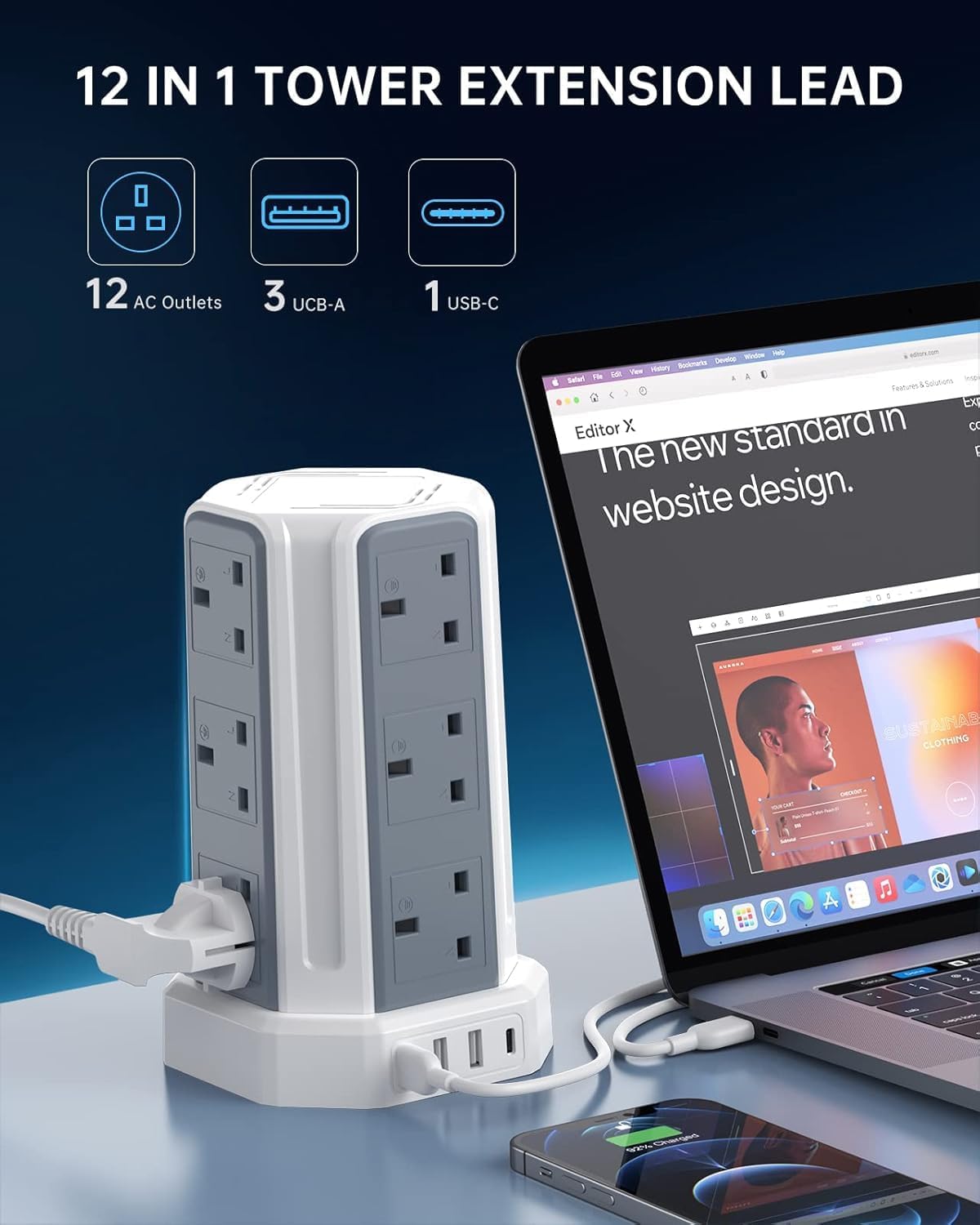 Thumbnail 1 de Tower Extension Lead 3M, Aodeng 12-Way Tower Extension with 4 USB Ports and Surge Protection