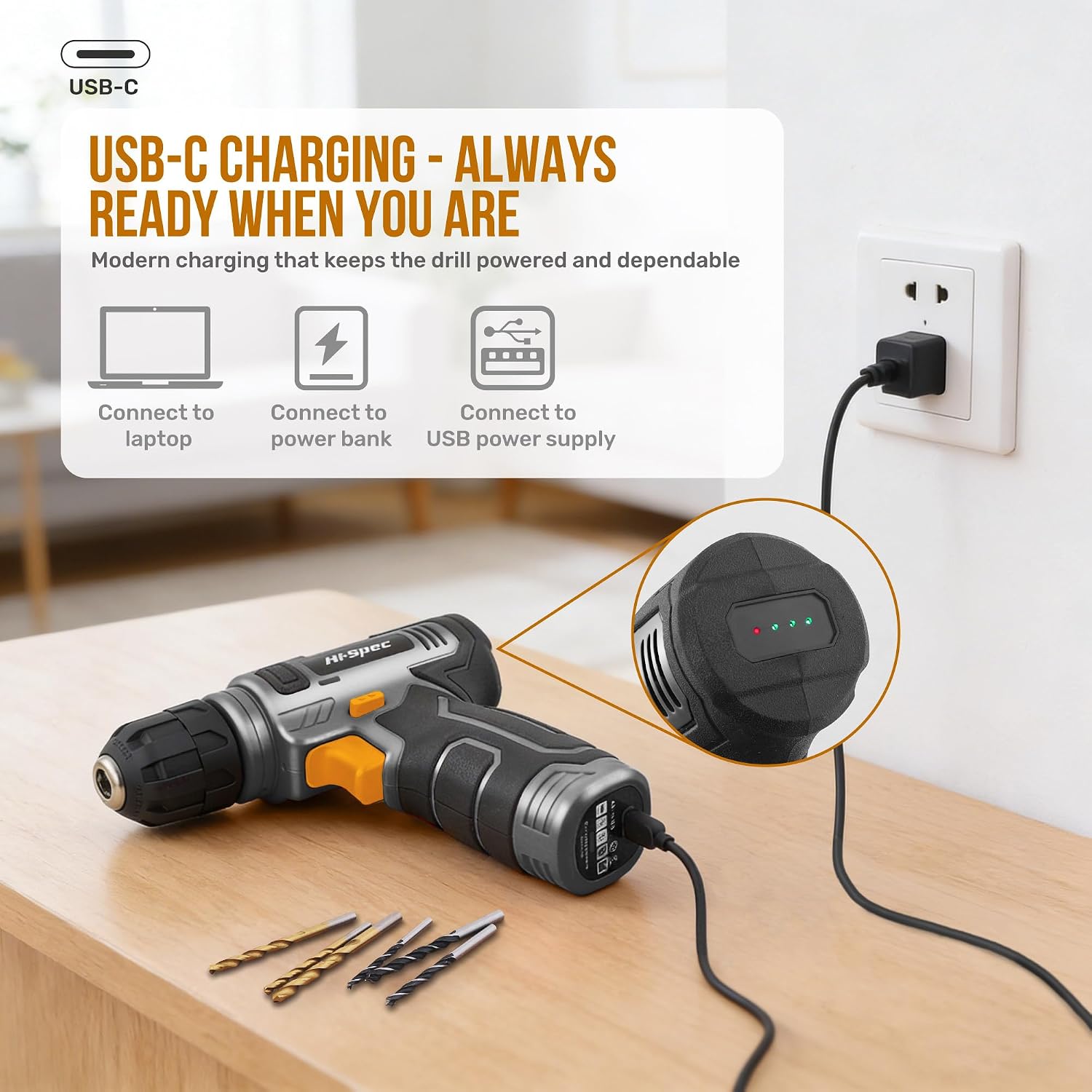 Detalle 1 de Hi-Spec DT30558GY-DE 8V Cordless Drill Tool Kit with USB Charging