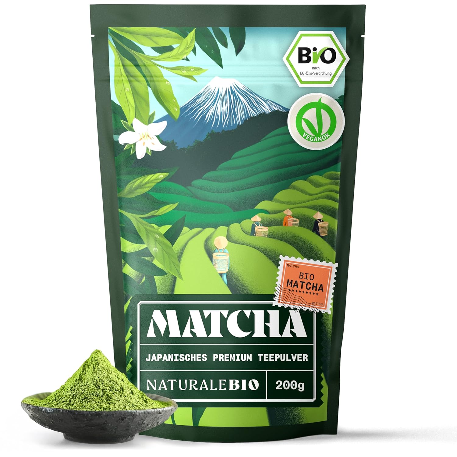 Detalle de NaturaleBio Matcha Tee Pulver Bio aus Japan (Uji, Kyoto) – 200 g für Latte, Smoothies & Matcha-Getränke