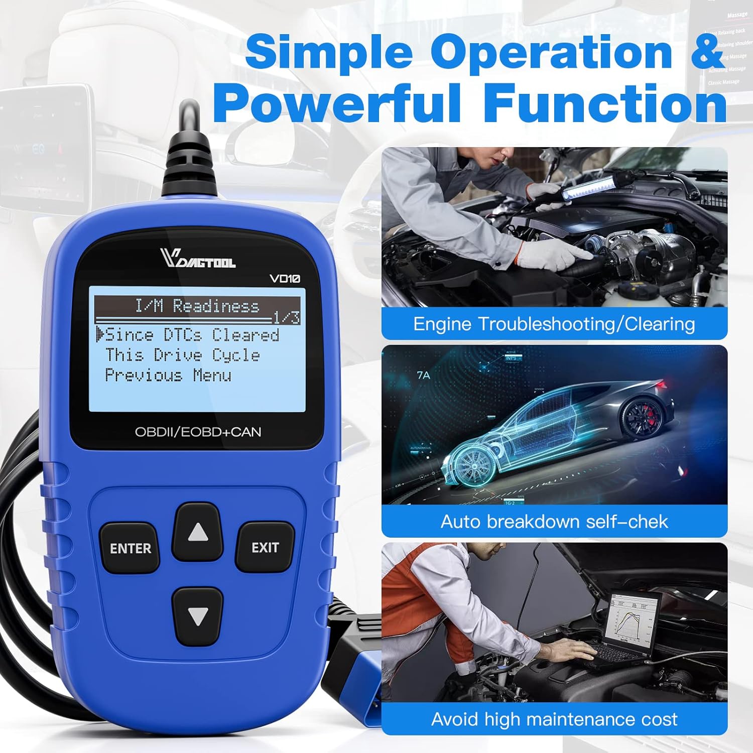 Detalle de VDIAGTOOL VD10 OBD2 Diagnosegerät – EOBD/OBD2 Scanner mit Live-Daten und I/M-Bereitschaft