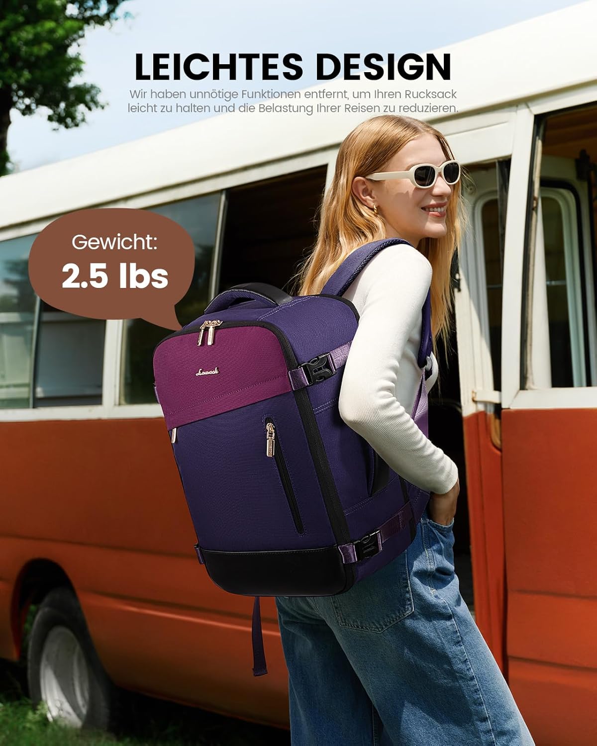 Detalle 2 de LOVEVOOK Handgepäck-Rucksack 50L (18 Zoll) – erweiterbar, wasserabweisend und als Cabin Bag nutzbar