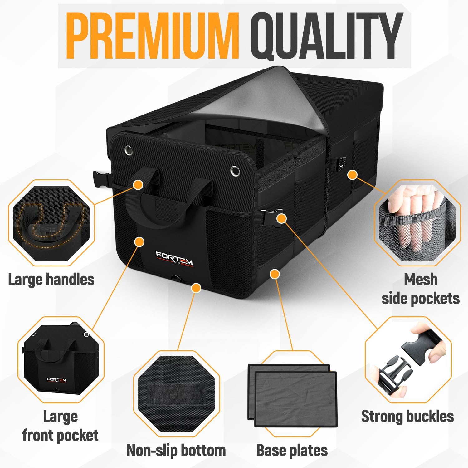 Detalle de FORTEM Car Boot Organiser (65L) – Collapsible SUV trunk storage with non-slip base and adjustable straps