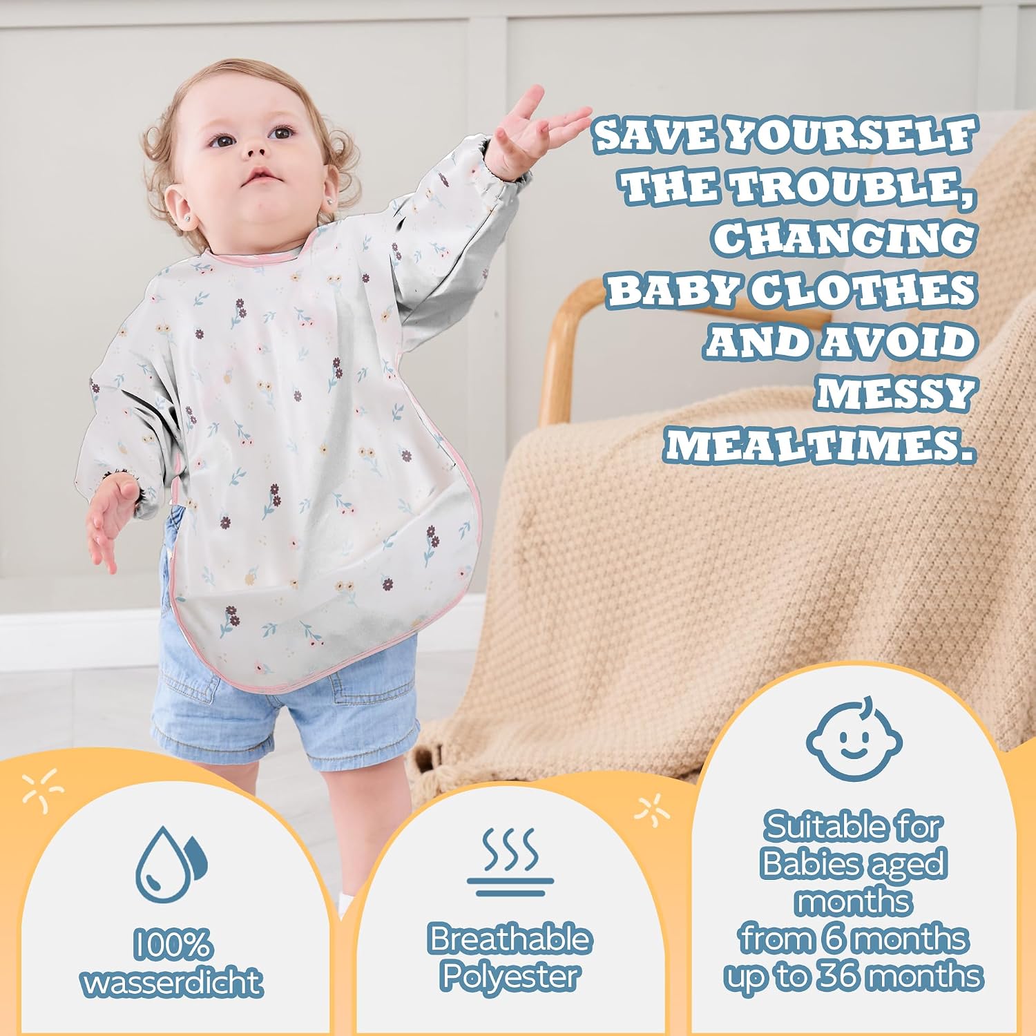Detalle de Little Dimsum Long Sleeves Toddler Weaning Bibs – Sleeved Waterproof Feeding Coverall Set