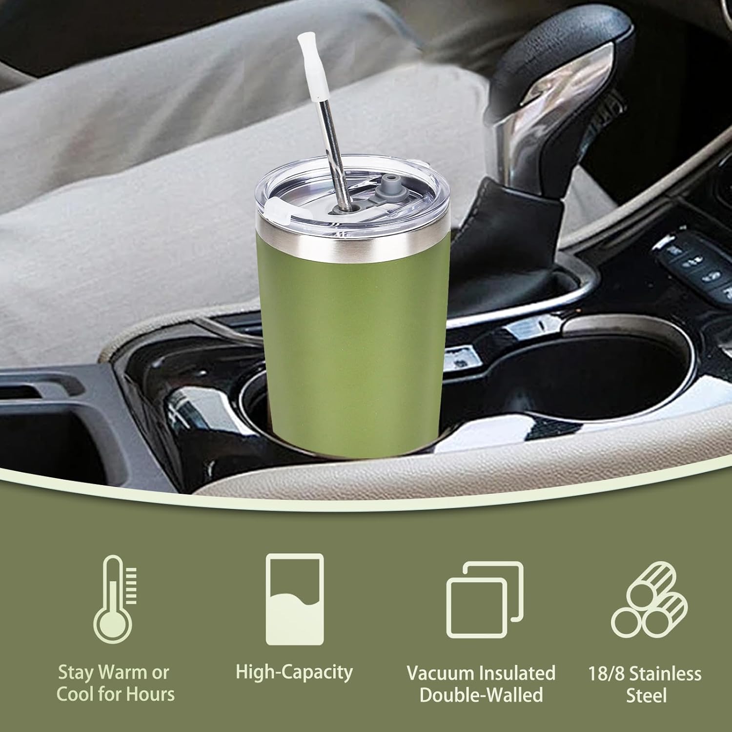 Thumbnail 2 de Y·J&H 20oz Travel Tumbler: Double Wall Vacuum Insulated Stainless Steel (Army Green)