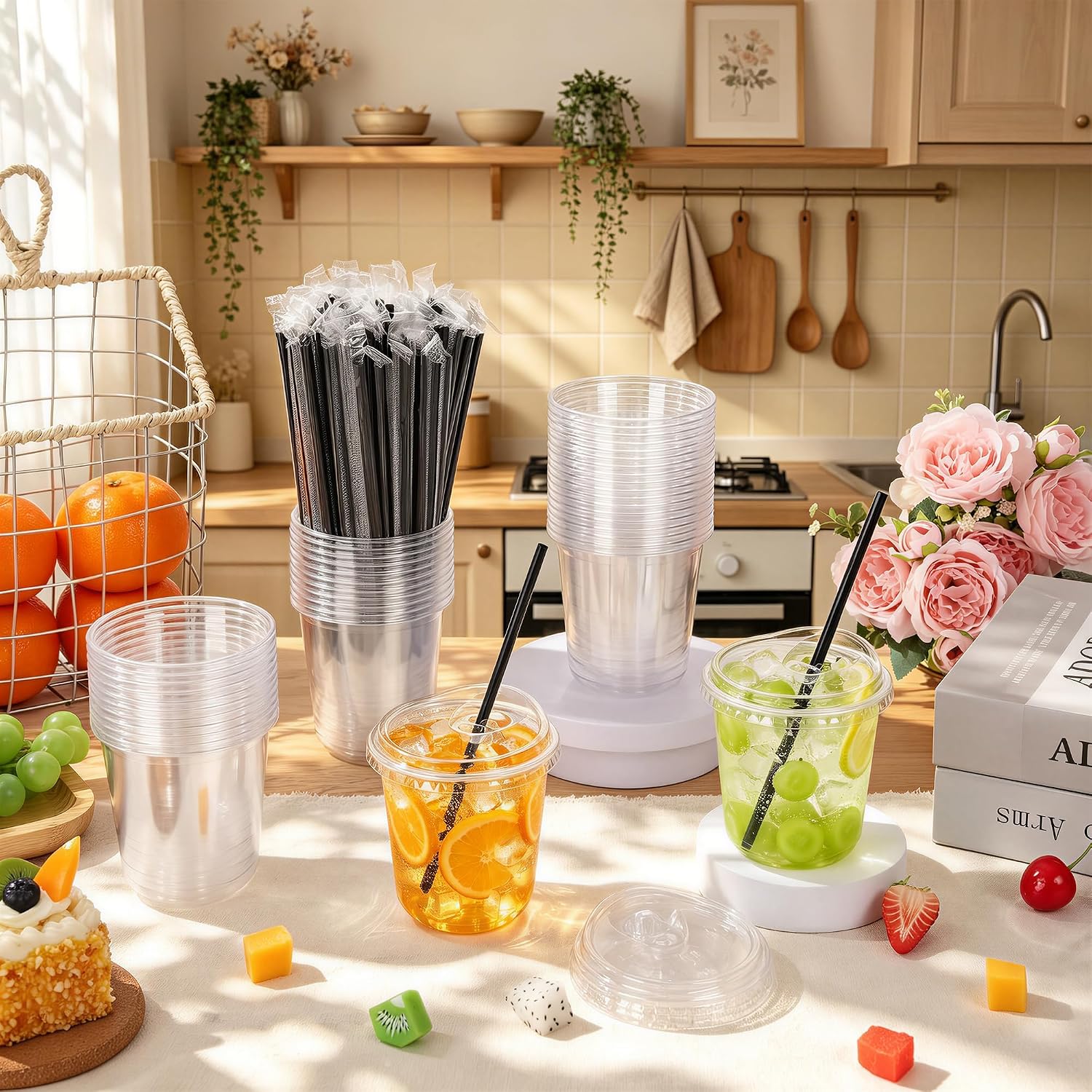 Detalle de DI QIU REN DQR-CA-55-12oz-50U black straw 12 oz Clear Plastic Cups