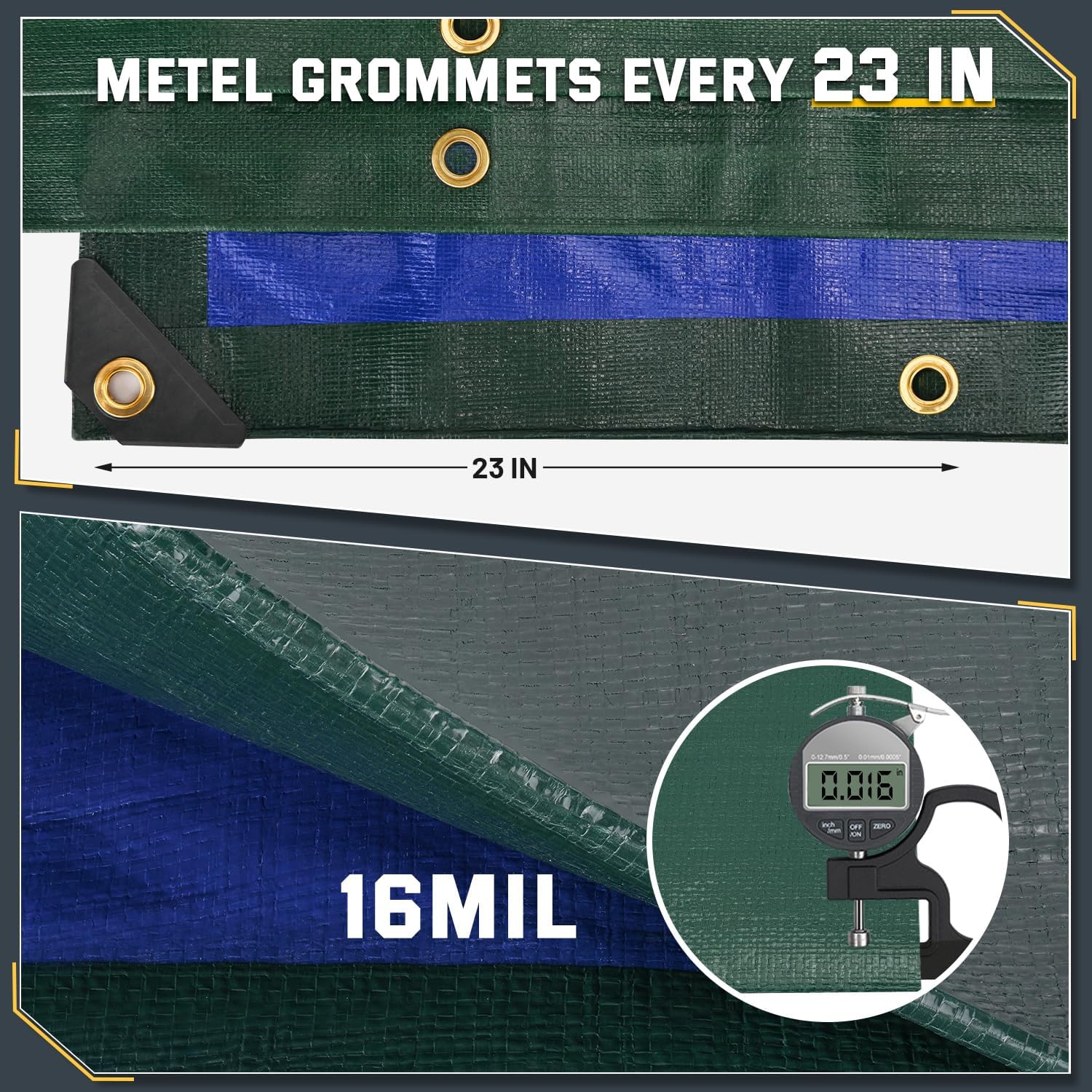 Detalle de Kesfitt 16 Mil Heavy Duty Waterproof Tarp (20x30 ft) – Dark Green & Blue Reversible Poly Tarp with Metal Grommets