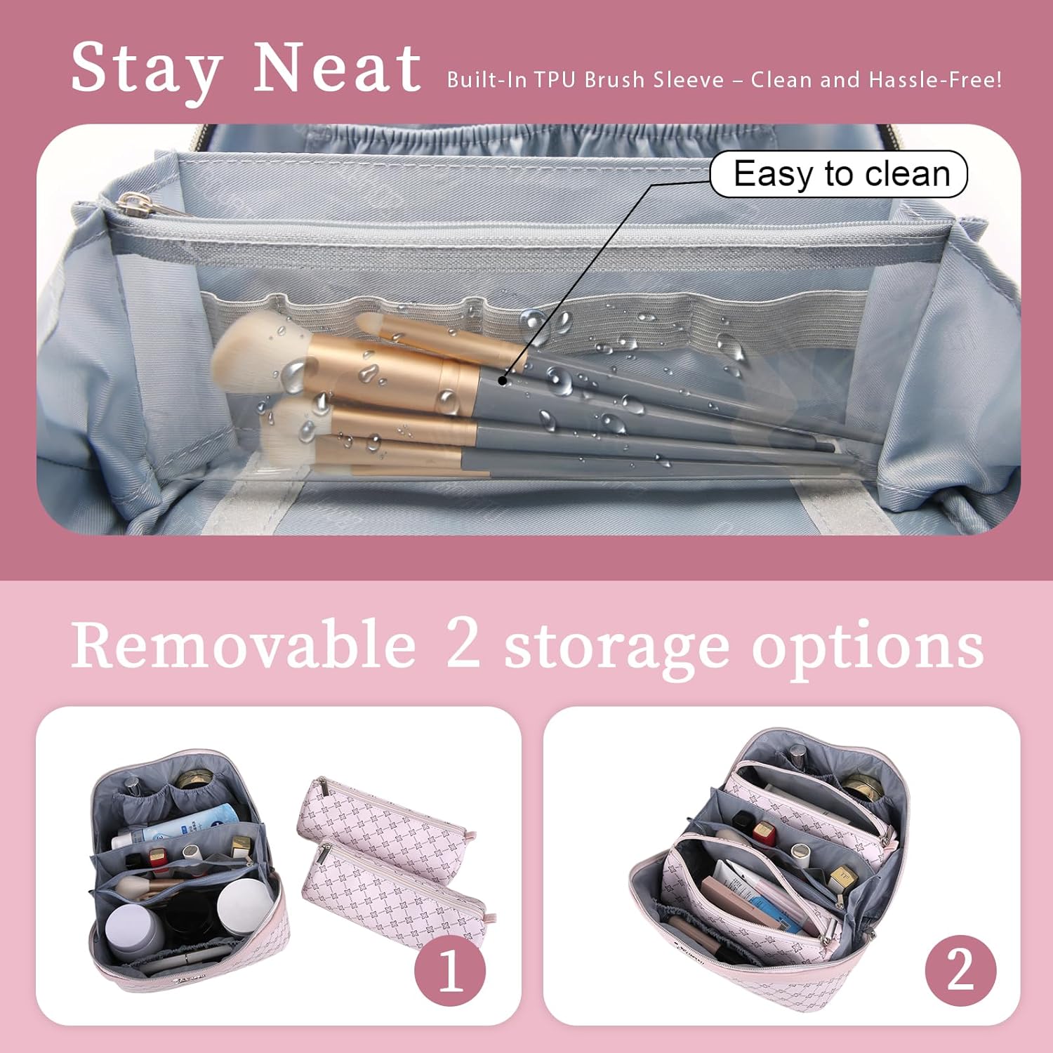 Thumbnail 3 de BOYATU Travel Makeup Bag Set (3-Piece) – Large Capacity, Vegan Leather, Pink