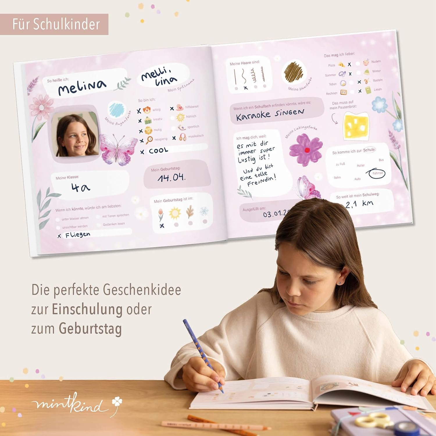 Detalle de mintkind Schulfreundebuch Blumen 21x21 cm Hardcover – Platz für 30 Freunde, dickes 150 g Papier, Geburtstagskalender und Extras