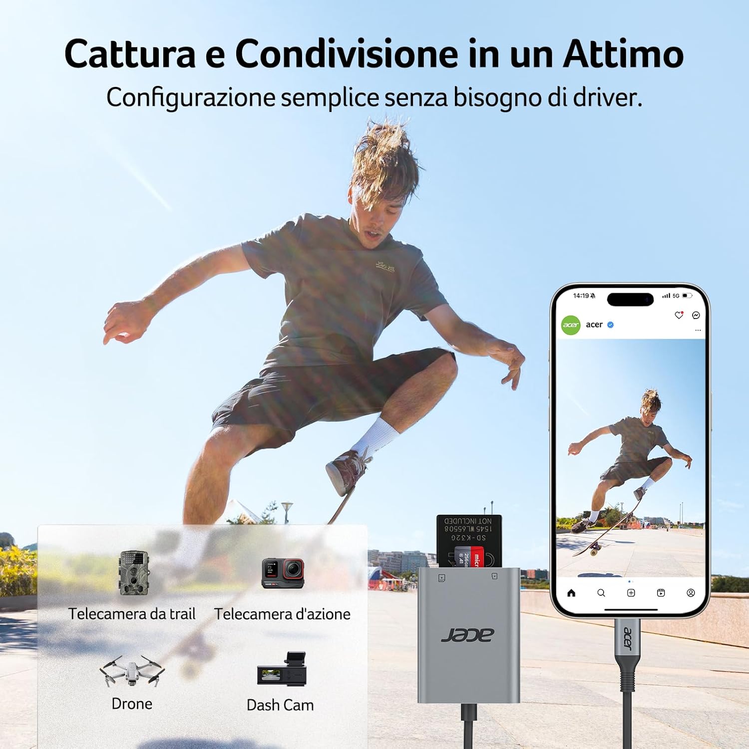 Detalle de Lettore di schede SD USB C Acer: lettura/scrittura simultanee e compatibilità ampia
