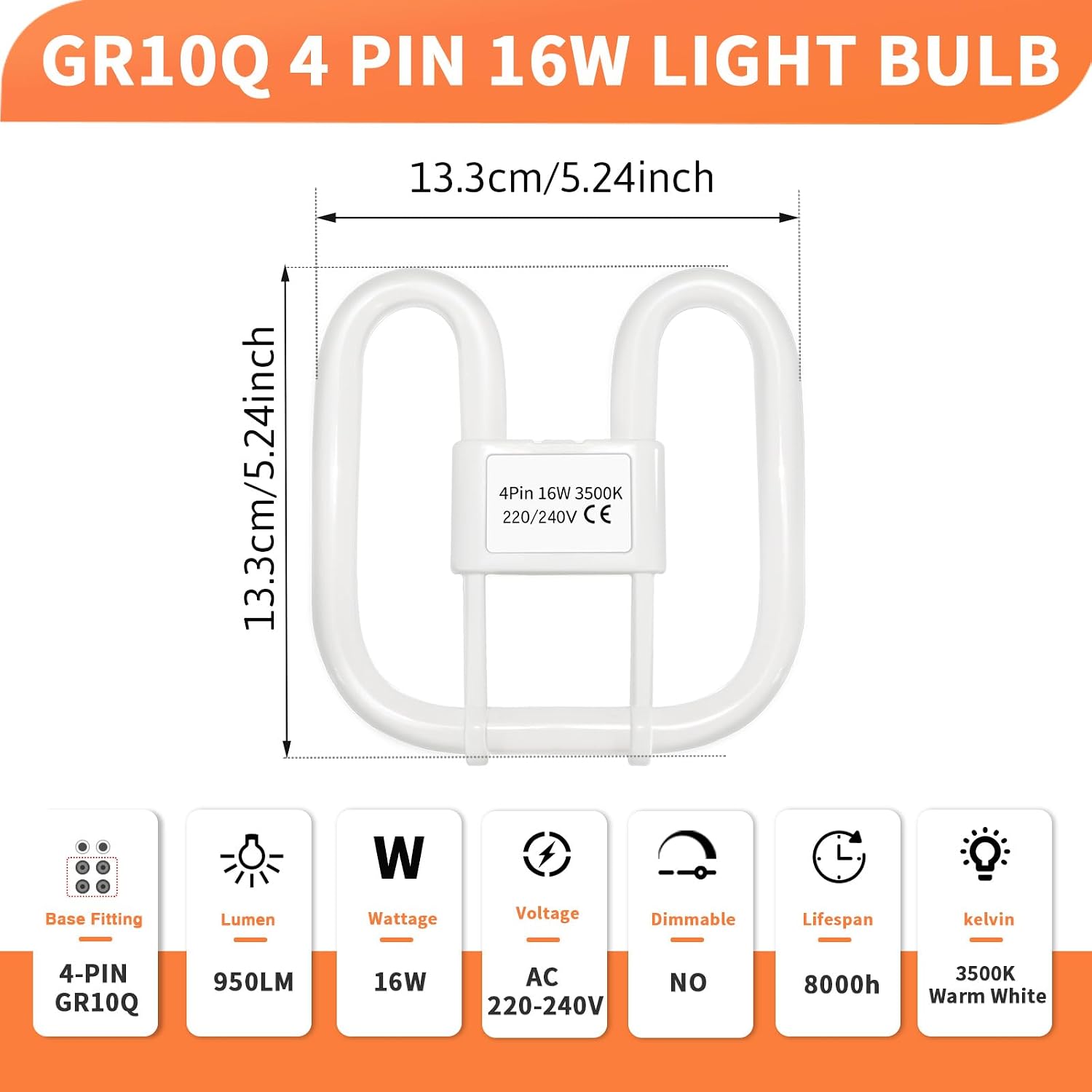 Detalle 2 de Akynite GR10q 4-Pin 16W CFL Bulb — Warm White 3500K, 950LM, Small 13.3x13.3cm, Not Dimmable