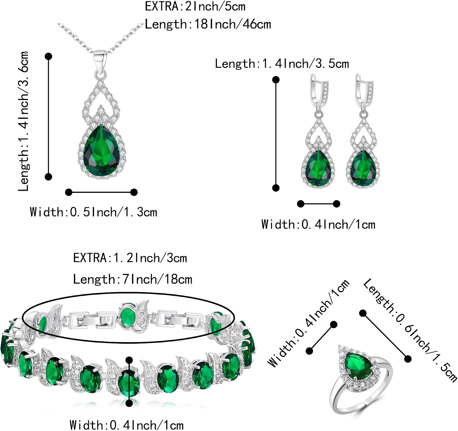 Thumbnail 3 de Parure bijoux de mariage Clearine en argent goutte d’eau, zirconia cubiques (4 pièces) : collier, boucles, bracelet et anneau réglable