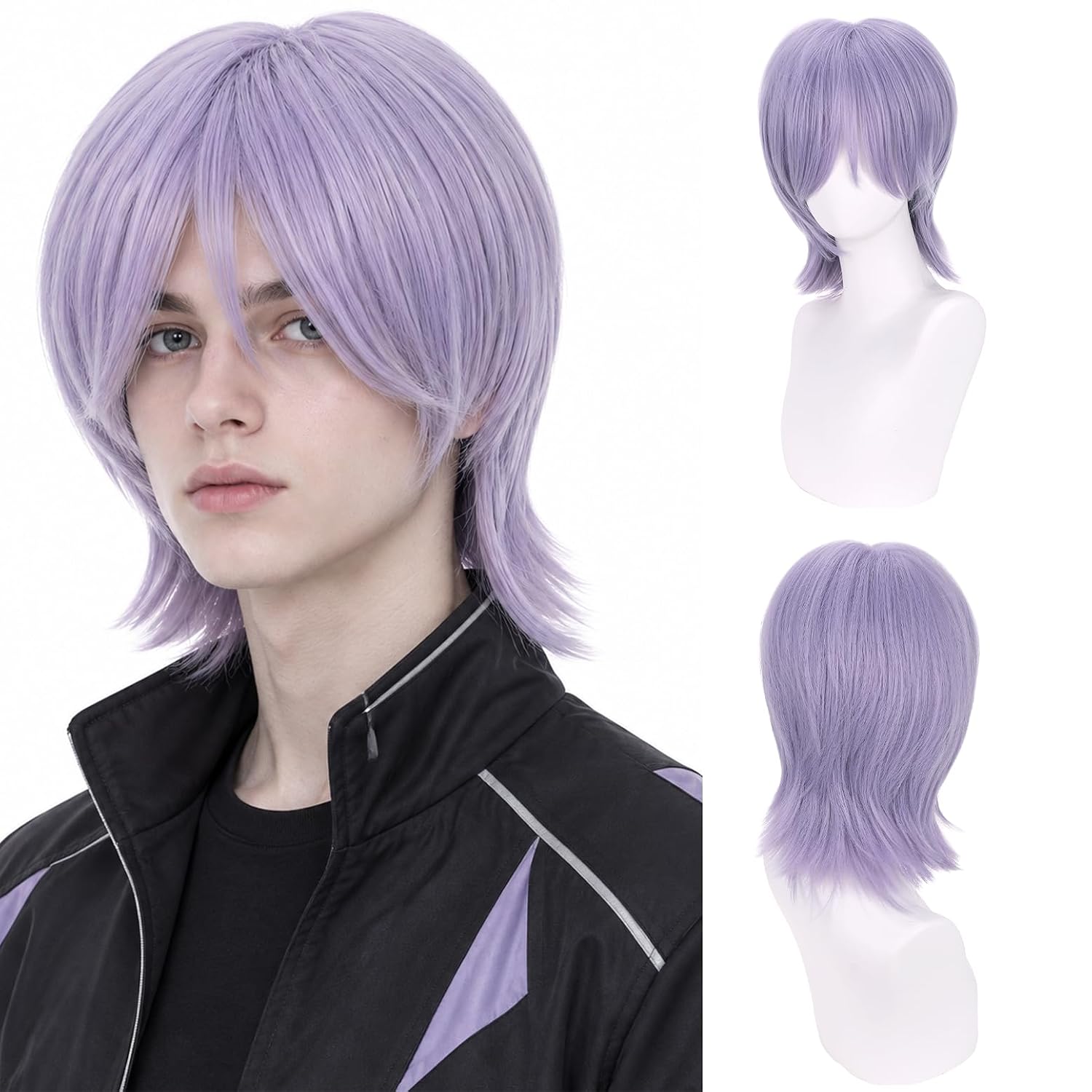 Detalle de WTHCOS Short Purple and Gray Wig, Heat-Resistant Synthetic Fiber