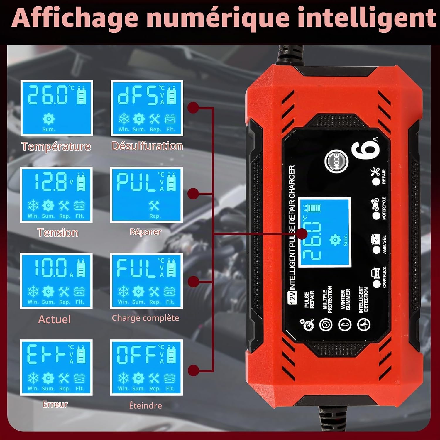 Detalle de YIIFELL 12V 6A slimme acculader voor auto en motorfiets met lcd-display
