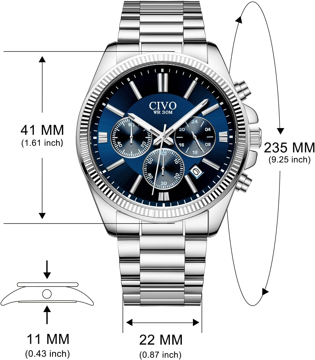 Detalle de CIVO Herrenuhr Edelstahl Chronograph mit Datum – Silbern, 41 mm, Quarz, 3 ATM Wasserdicht