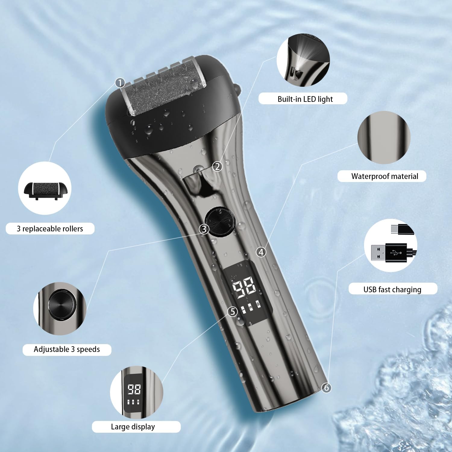 Thumbnail 1 de Jooayou Electric Foot File: USB Rechargeable Callus Remover with LED Spotlight and 3 Pumice Stone Rollers