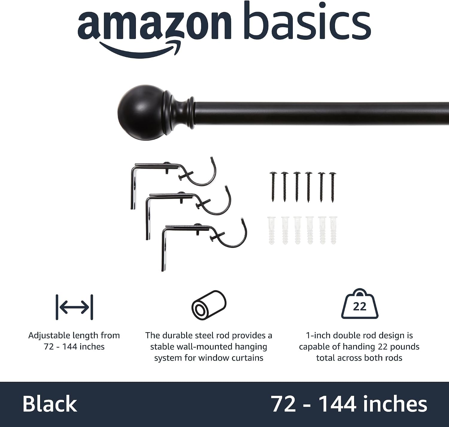 Thumbnail 1 de Amazon Basics karnisz 183–366 cm, metalowy, czarny, z okrągłymi końcówkami