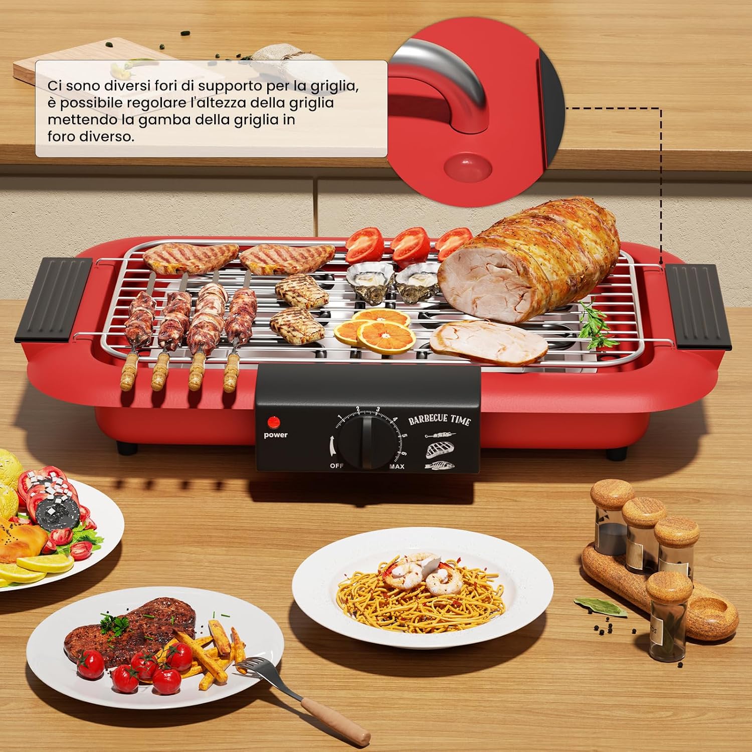 Detalle de Barbecue elettrico 2000 W con griglia portatile antiaderente, senza fumo – rosso D