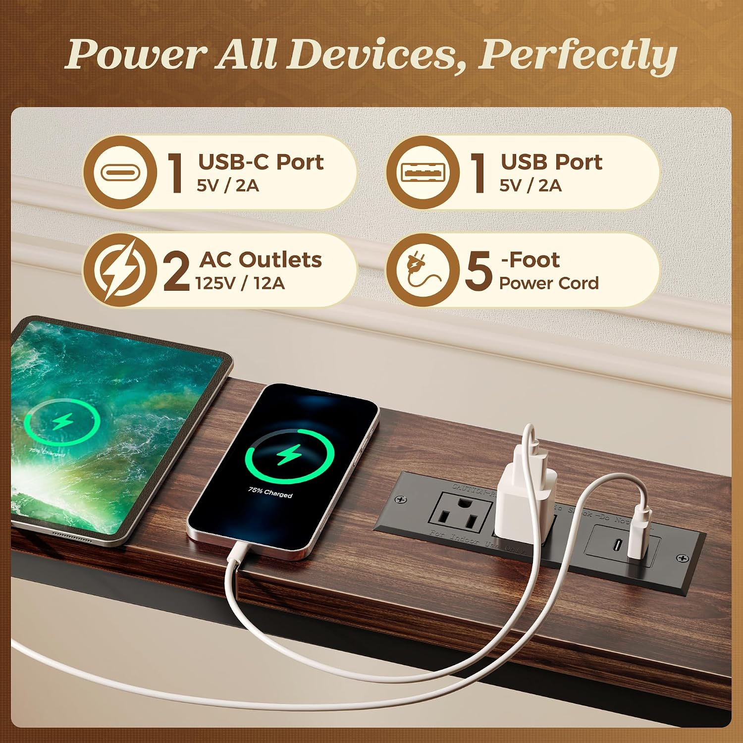 Thumbnail 4 de SUPERJARE 110.2 Inch Walnut Sofa Table with Built-in Power Outlets