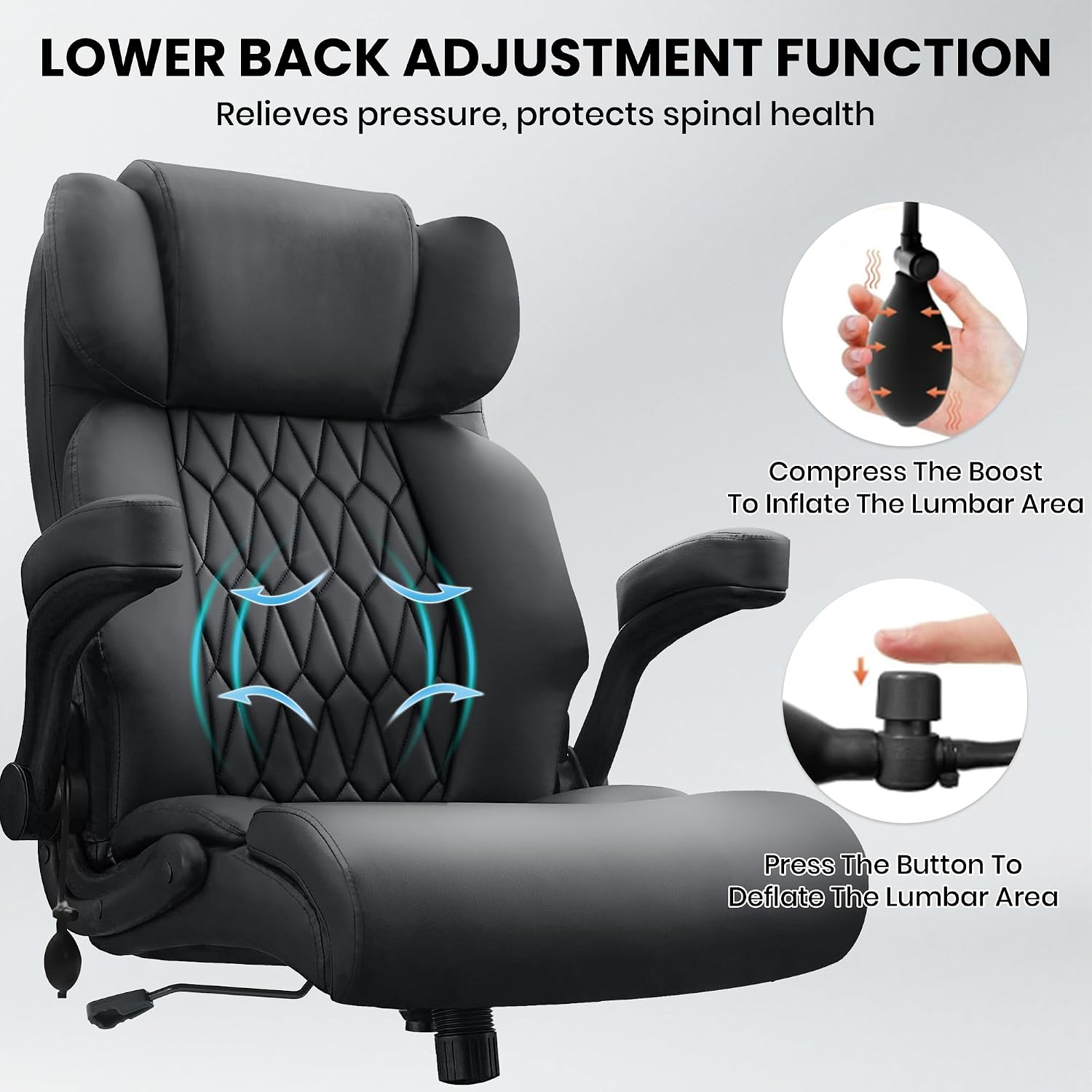 Detalle de Cloomey 001 500 lb Big and Tall Office Chair, Extra-Wide Seat, Inflatable Lumbar Support