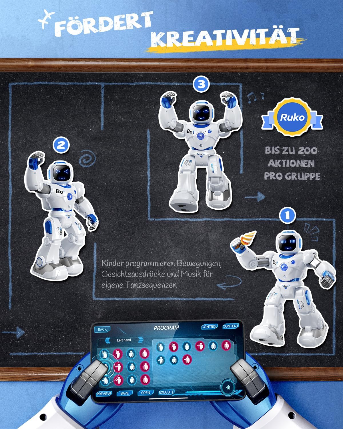 Thumbnail 3 de Ruko 1088 Intelligenter Roboter – interaktiver Lernroboter mit App-Steuerung (groß, blau) für Kinder 4–9 Jahre
