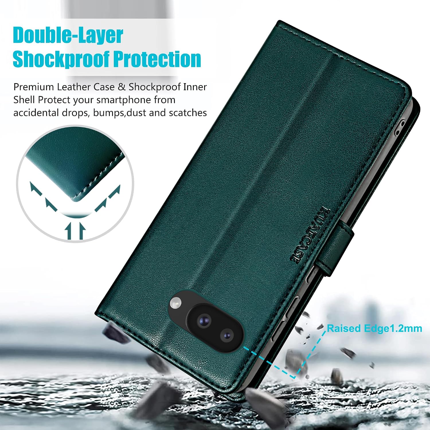 Detalle de Kuafcase for Google Pixel 9A Case with 4 Card Slots, Magnetic Closure and Kickstand – Green