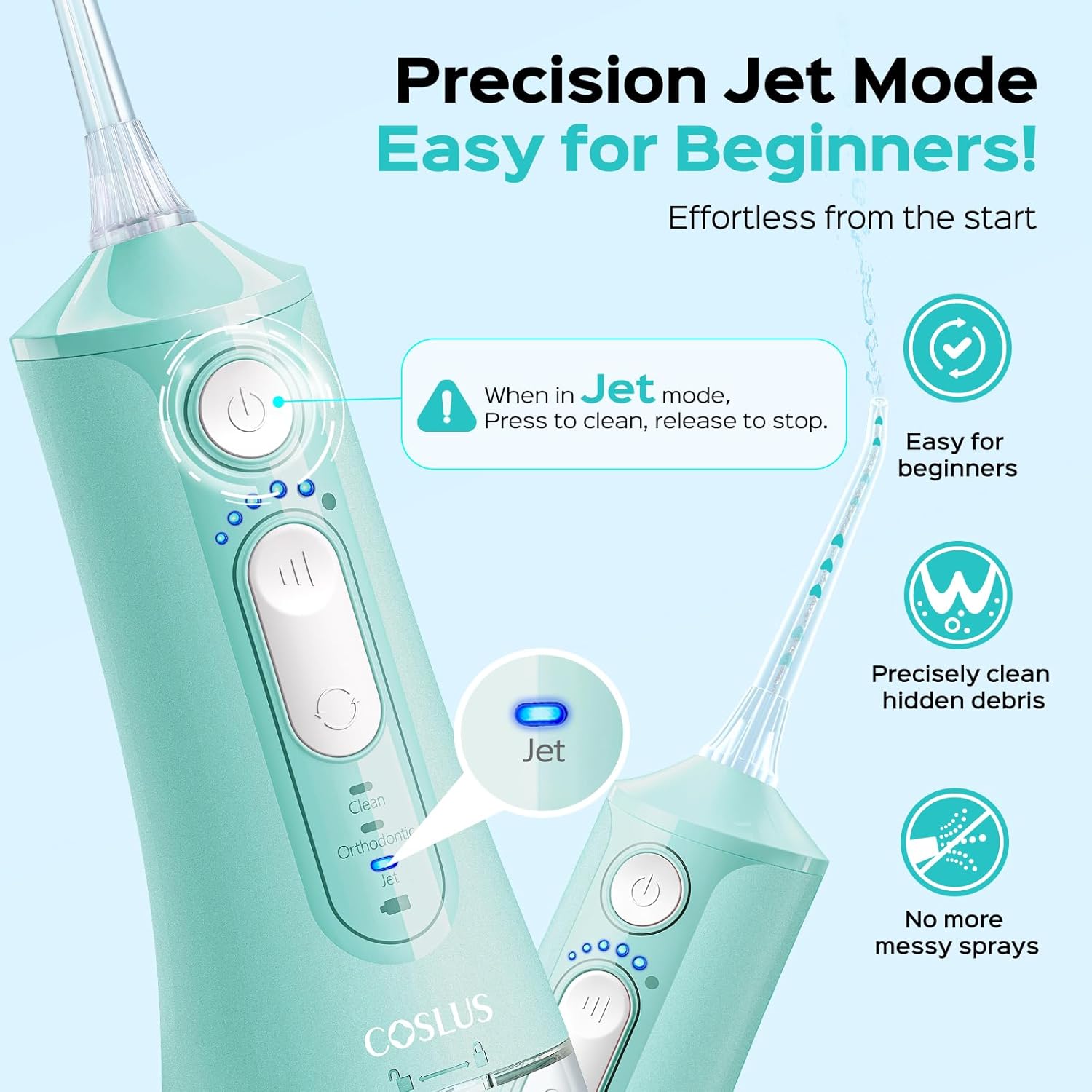 Detalle 2 de COSLUS C51 Portable Water Flosser: 3 Modes, 6 Settings, Jet Mode, 300ML Tank, Built-In Nozzle Storage – Travel-Friendly Orthodontic Care