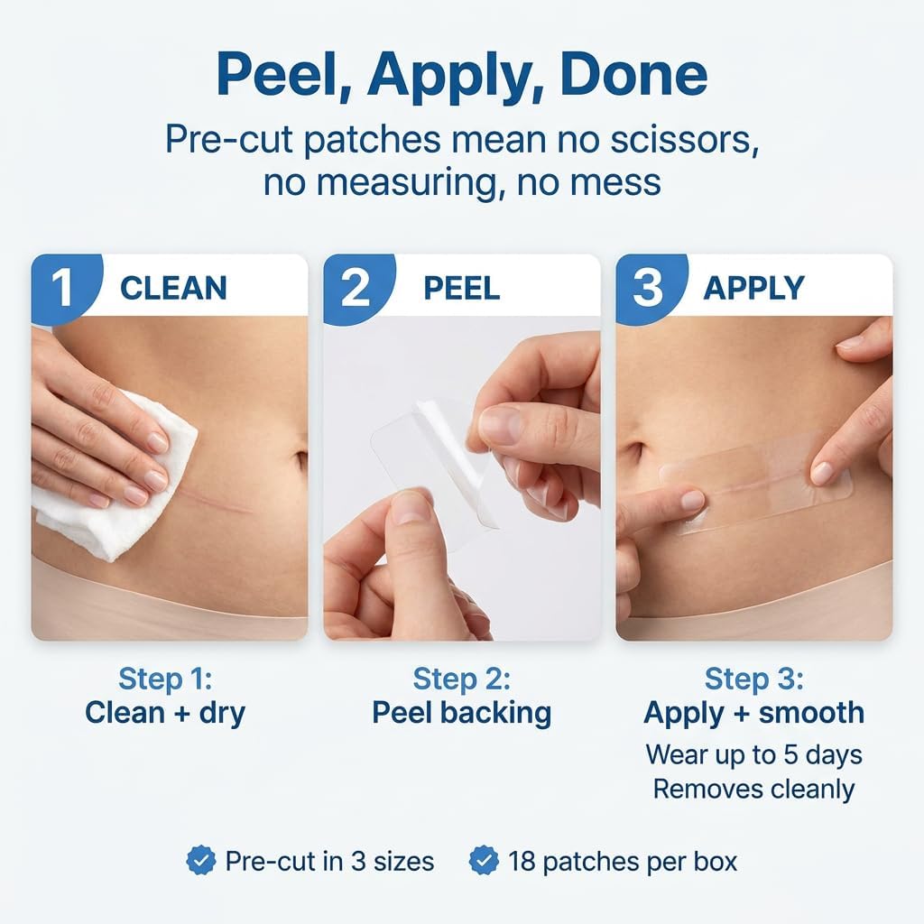 Thumbnail 4 de ScarFix+ Silicone Scar Tape: 18 pre-cut transparent plasters in 3 sizes
