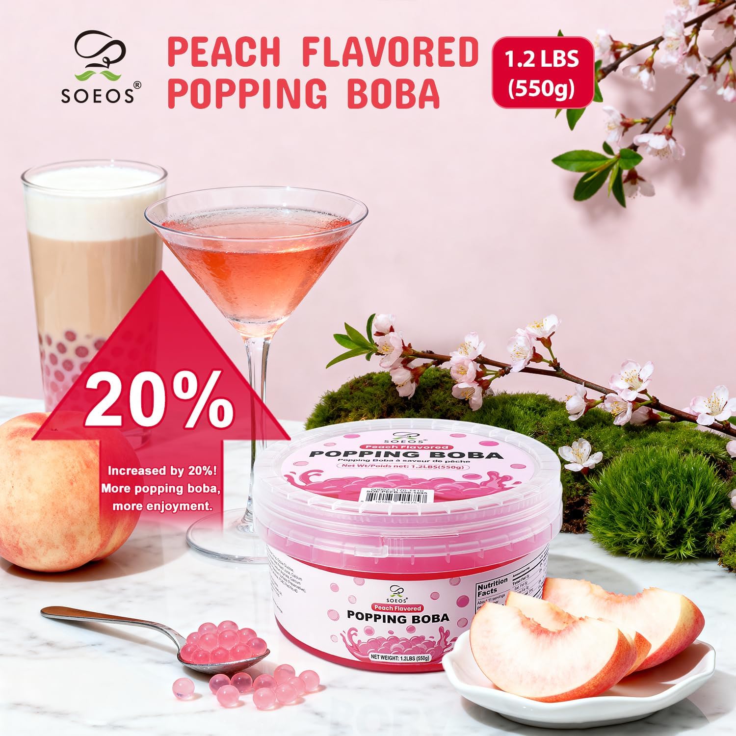 Detalle de Soeos Peach Popping Boba, 550 g, Juice-Filled Pearls for Drinks and Desserts