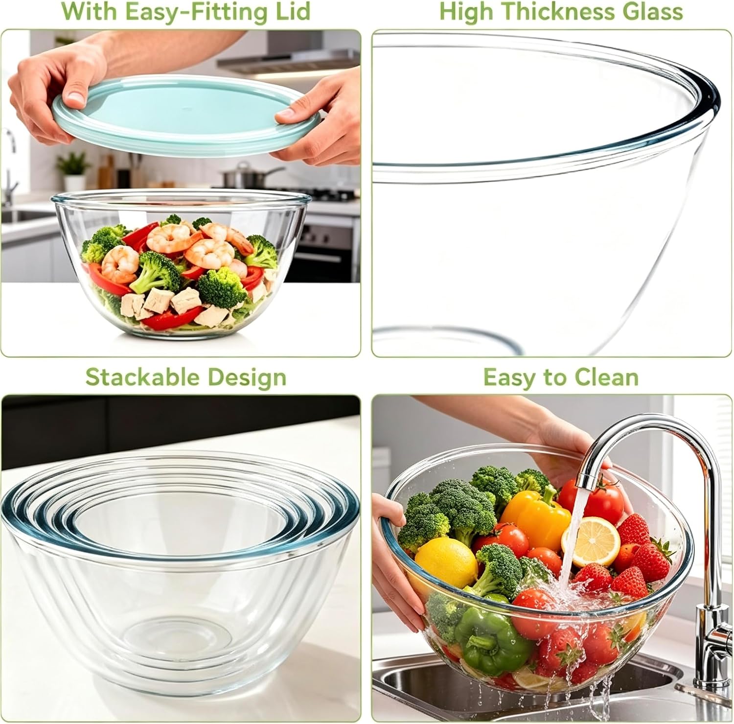 Detalle 2 de YUANYE 5 Pack Glass Mixing Bowls with Lids Set (5/2.5/1.5/0.9/0.6QT) with Nesting Design