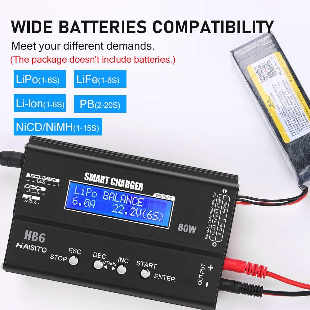 Detalle de Haisito Lipo Ladegerät 80W 6A Balancer für LiPo/Li-Ion/LiFe (1–6S) sowie NiMH/NiCd (1–15S) mit LED-Bildschirm