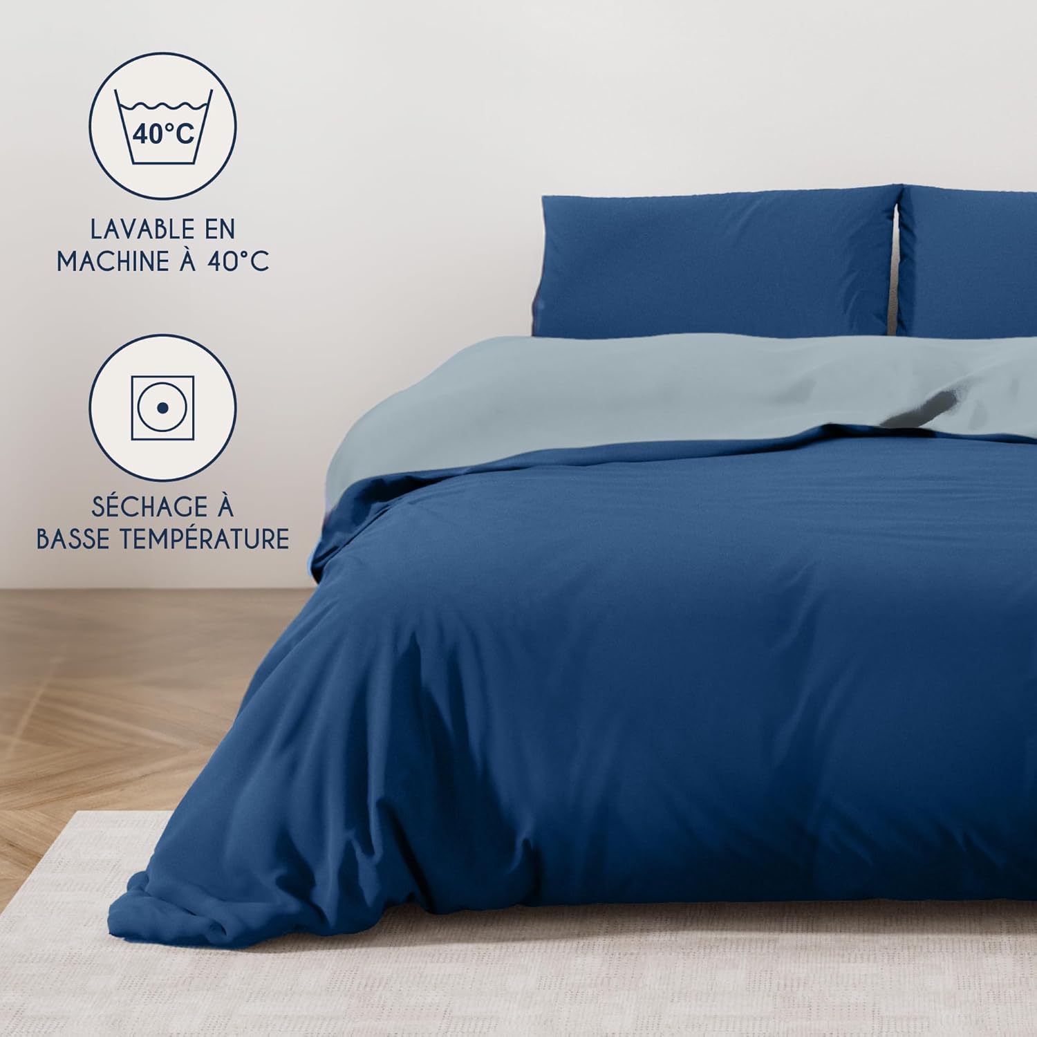 Thumbnail 4 de Dreamzie Parure de lit 200x200 en microfibre (housse de couette + 2 taies 65x65) bleu foncé/bleu gris