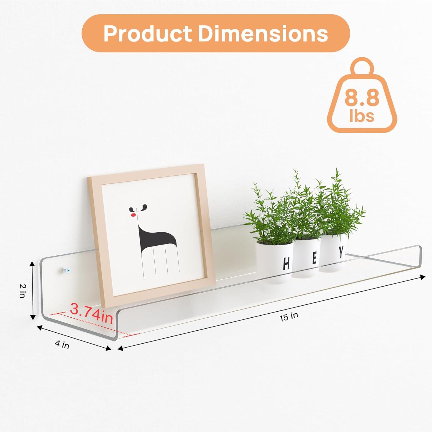 Thumbnail 2 de upsimples 6 Pack Acrylic Shelves for Wall Storage — 15 x 4 inches, Clear Floating Shelves