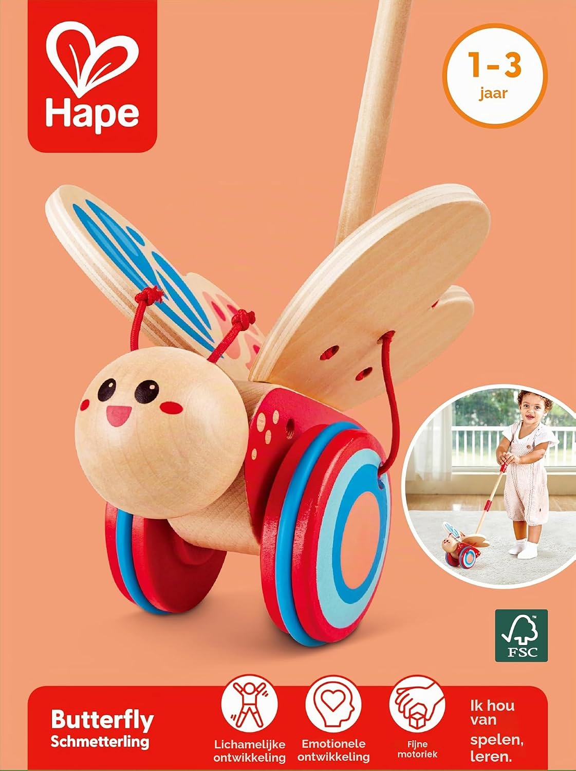 Detalle 2 de Hape E0340 houten duw- en trekvlinder met bewegende vleugels