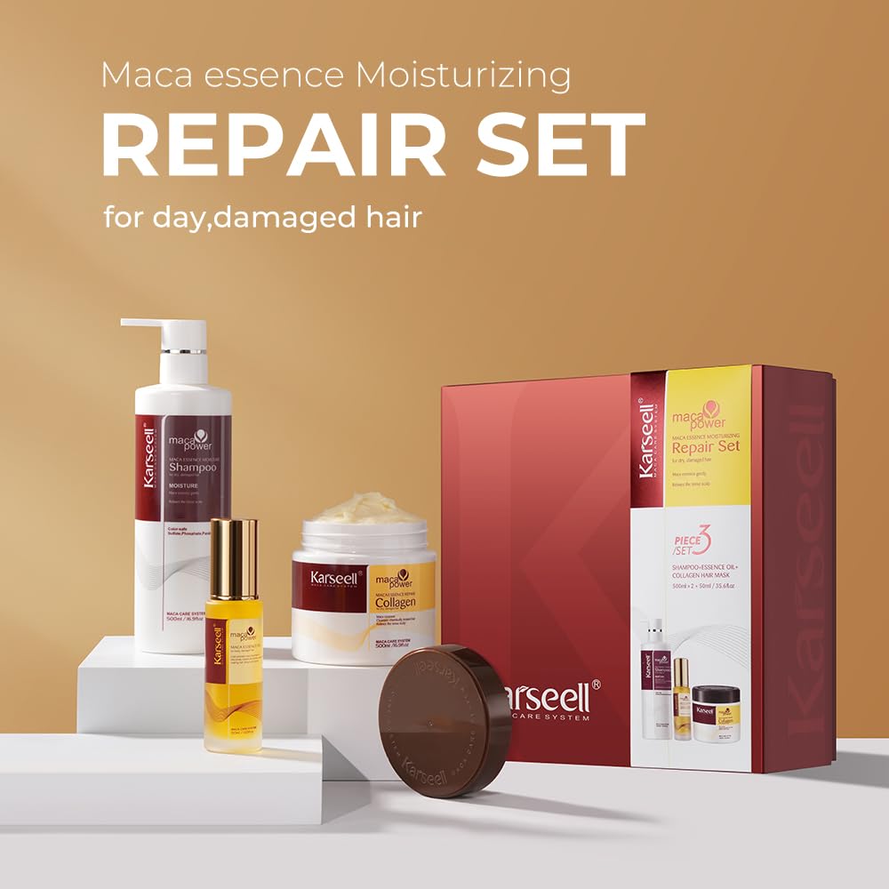 Detalle 2 de Karseell Kollagen Haarpflege-Set: Haarmaske, Shampoo & Haaröl für trockenes, geschädigtes Haar (2 x 500 ml + 50 ml)