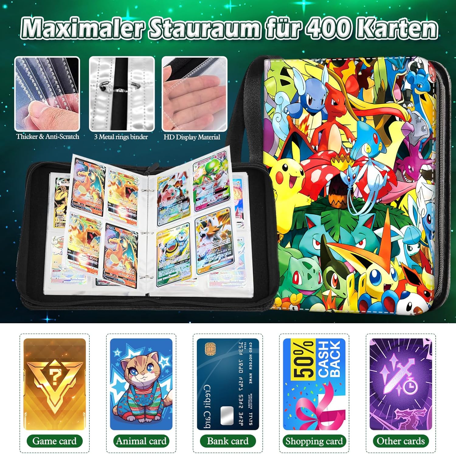 Thumbnail 4 de Sammelkarten Album mit 4-Taschen Seiten für 400 Karten – PU-Leder, wasserdicht, Reißverschluss, inkl. 50 Hüllen