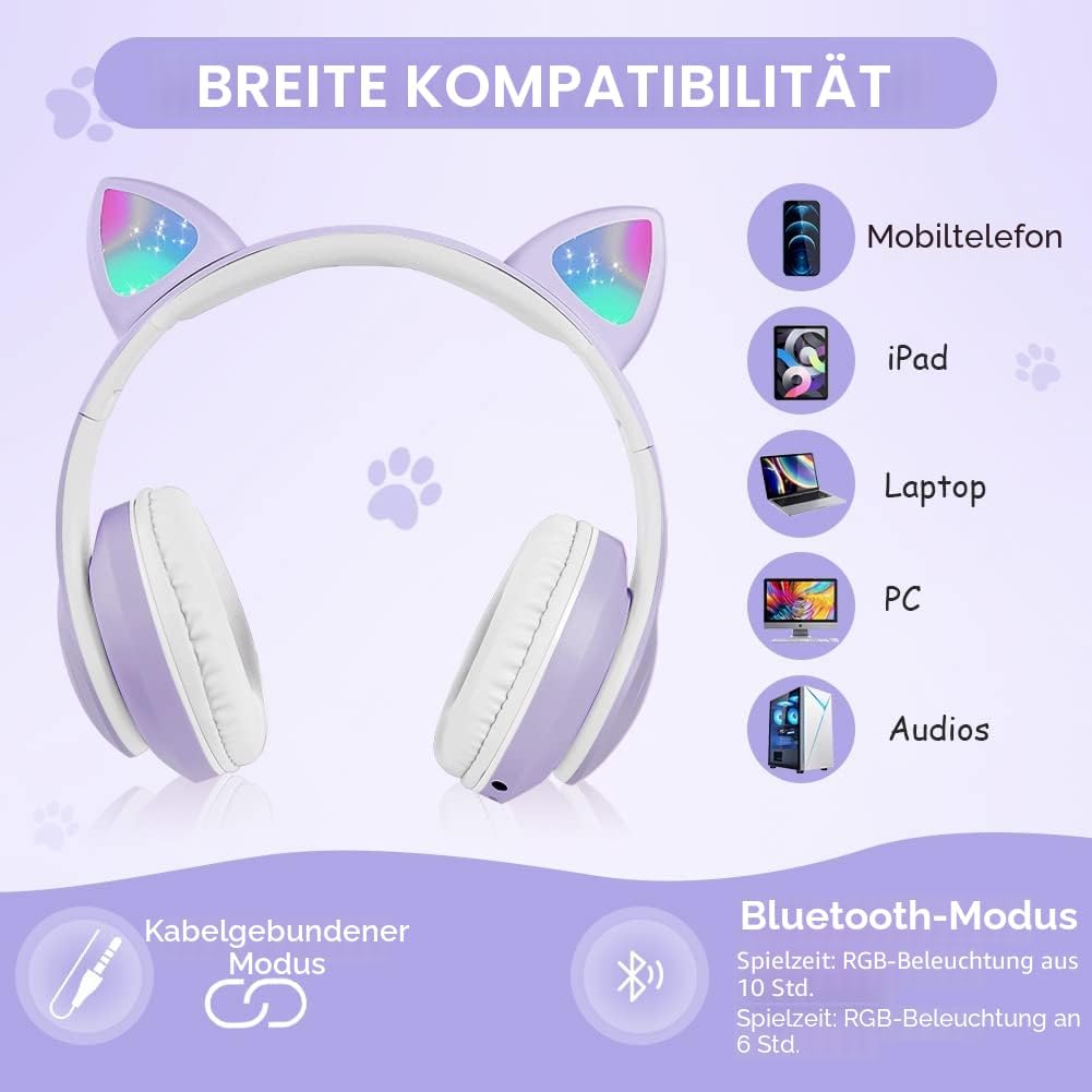 Thumbnail 5 de AXFEE Kinderkopfhörer Bluetooth mit Katzenohren, klappbar, LED & Mikrofon (inkl. MicroSD/TF)