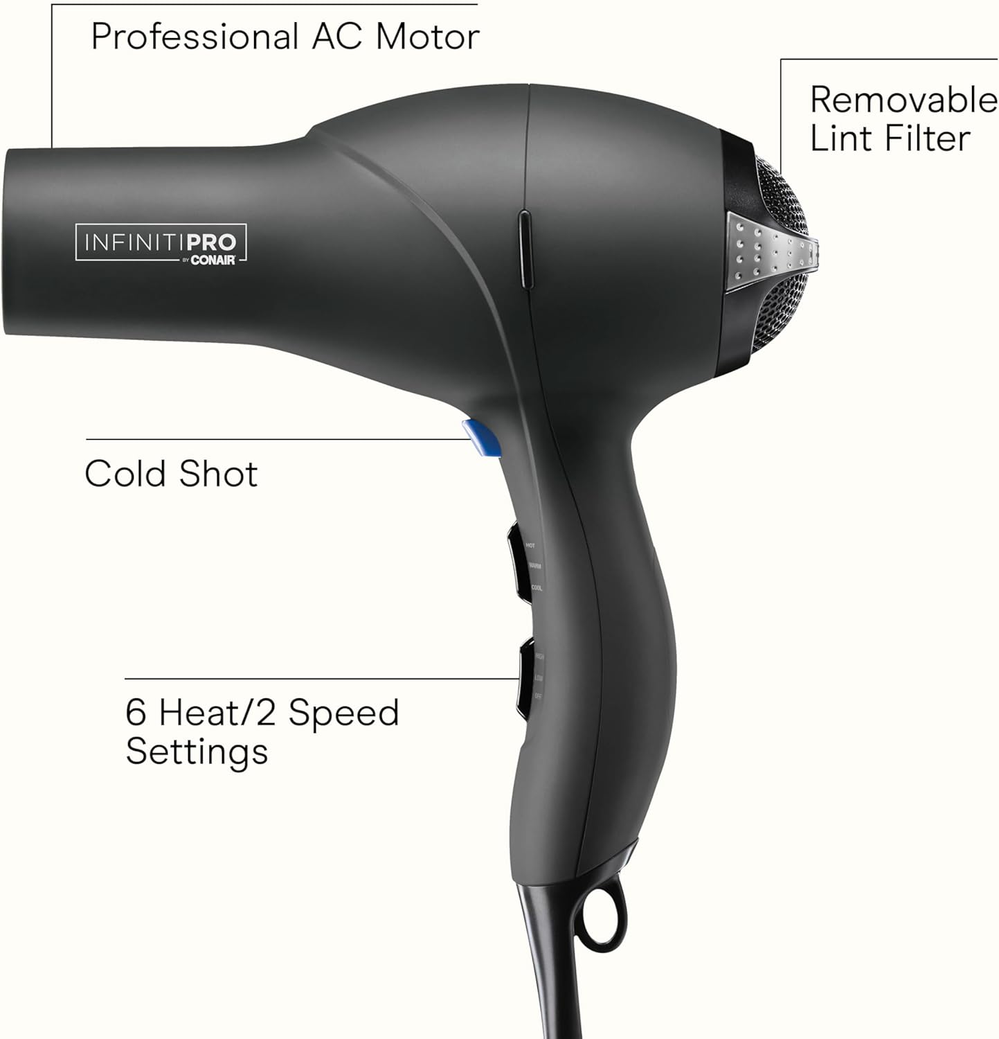 Detalle 2 de Infiniti PRO CONAIR Hair Dryer with Diffuser (Professional AC Motor) — Tourmaline Ceramic Technology, Gray