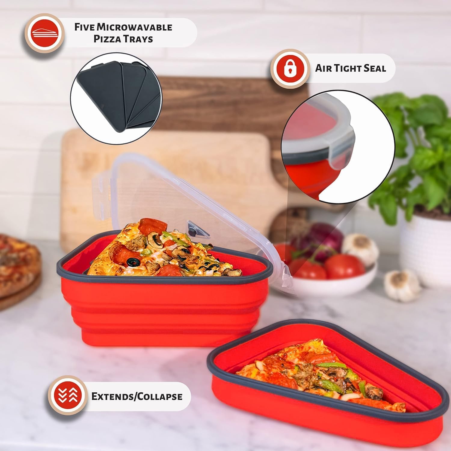 Thumbnail 5 de PIZZA PACK The Perfect Pizza Pack™ Reusable Pizza Storage Container with 5 Microwavable Serving Trays (Red)