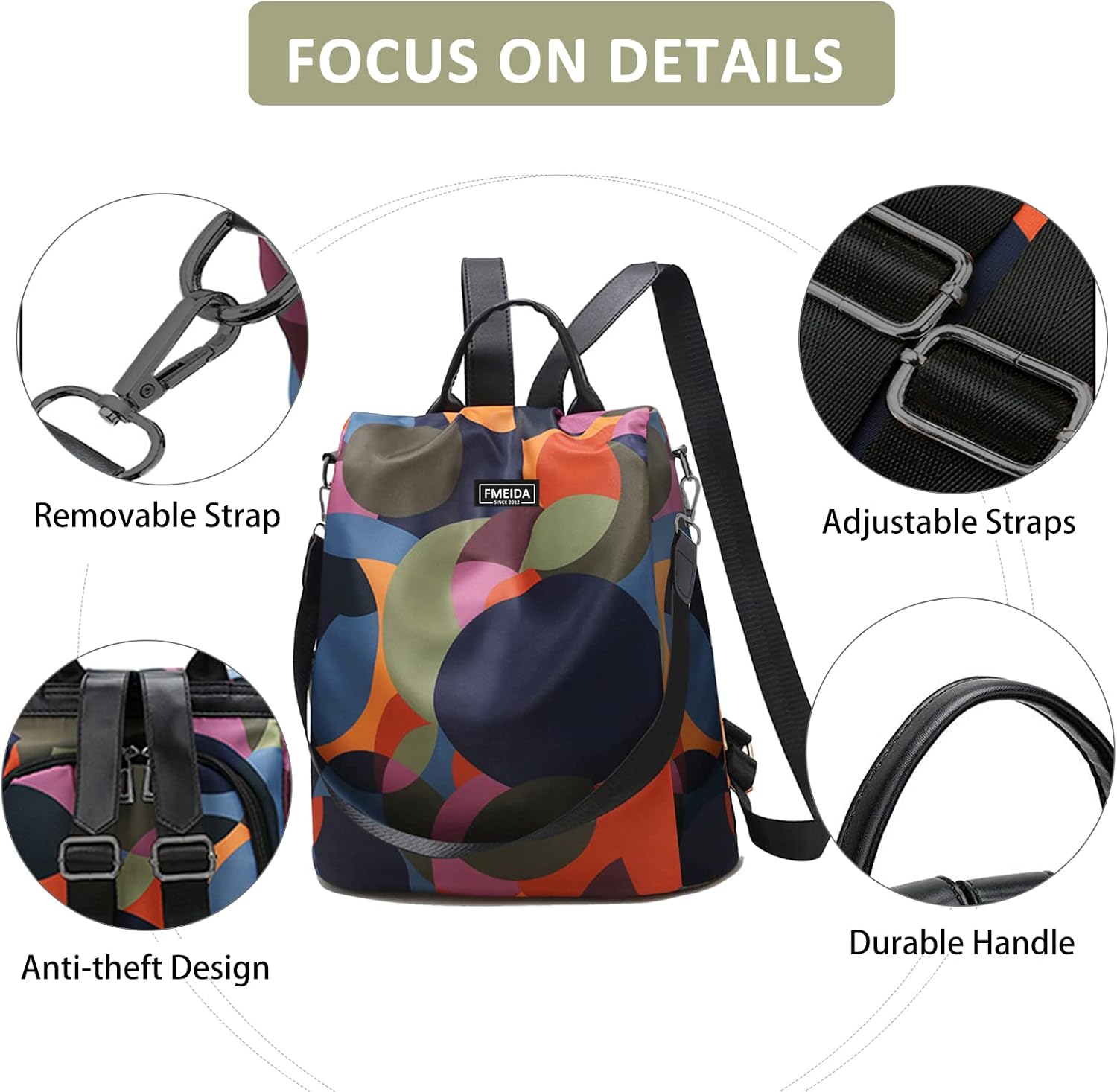 Detalle de Fmeida women’s anti-theft travel backpack rucksack 3-in-1 shoulder bag