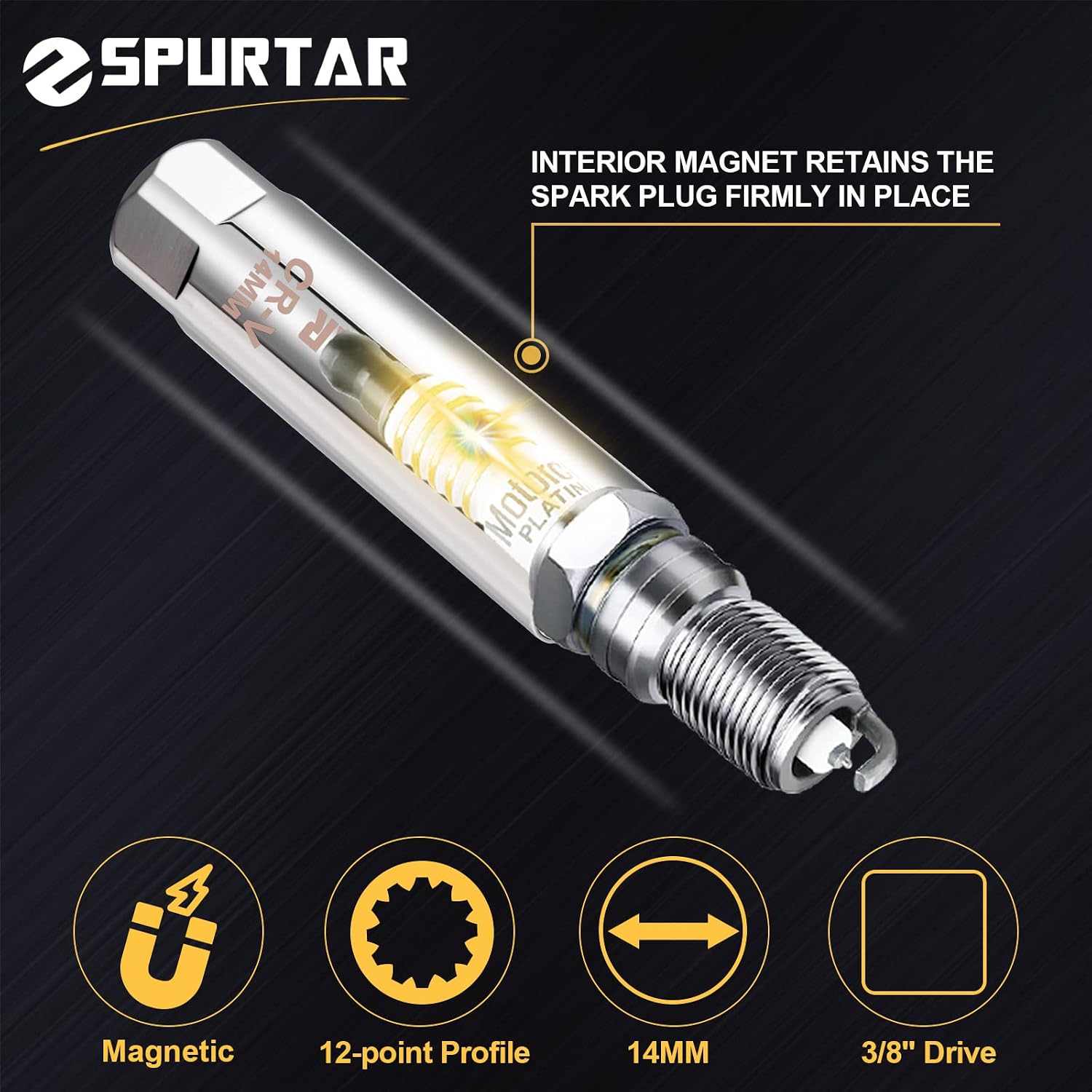 Detalle de Spurtar 14mm Magnetic Spark Plug Socket, 3/8-Inch Drive, Thin Wall 12-Point