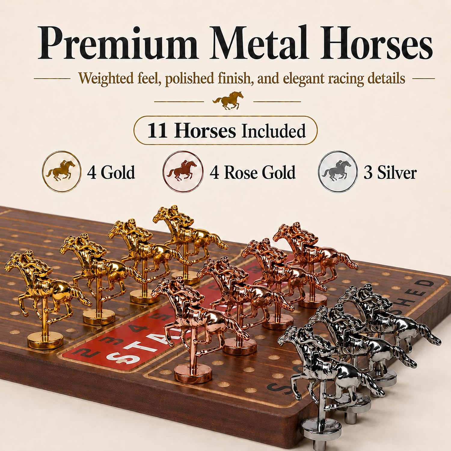 Thumbnail 3 de Jyquorp Horse Race Board Game (Rustic Brown) with 11 Metal Horses, 2 Dice, and Card Boxes