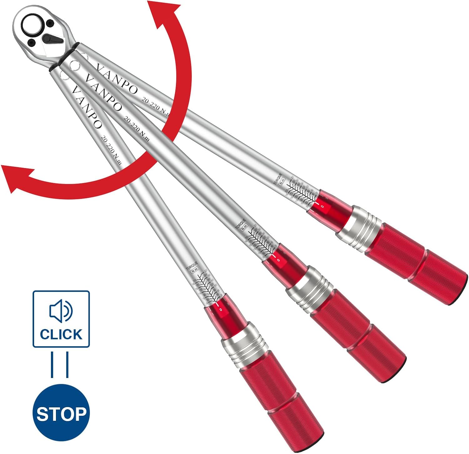 Detalle de VANPO Drehmomentschlüssel 1/2" – 20–220 Nm, 8-tlg. Set mit Verlängerungen und 5 Stecknüssen (17–24 mm)