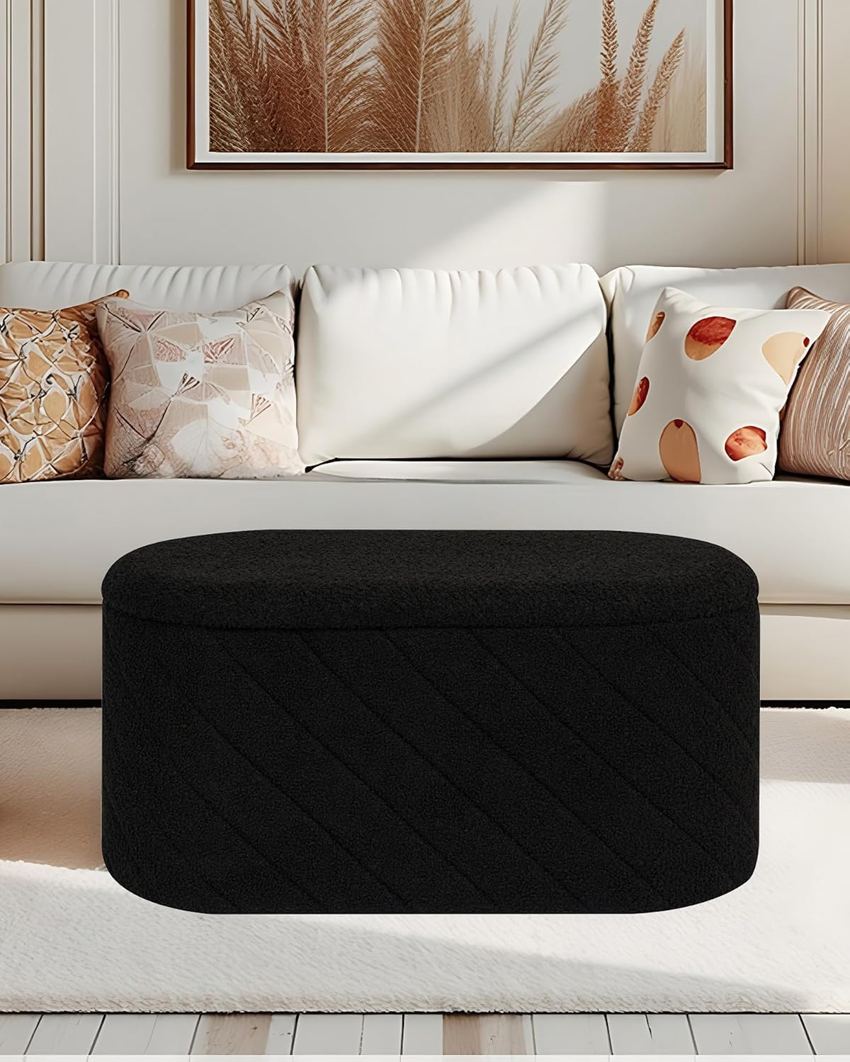 Thumbnail 4 de Bonlife Oval Ottoman with Storage Bench (Boucle) – Black, 76x38x38cm