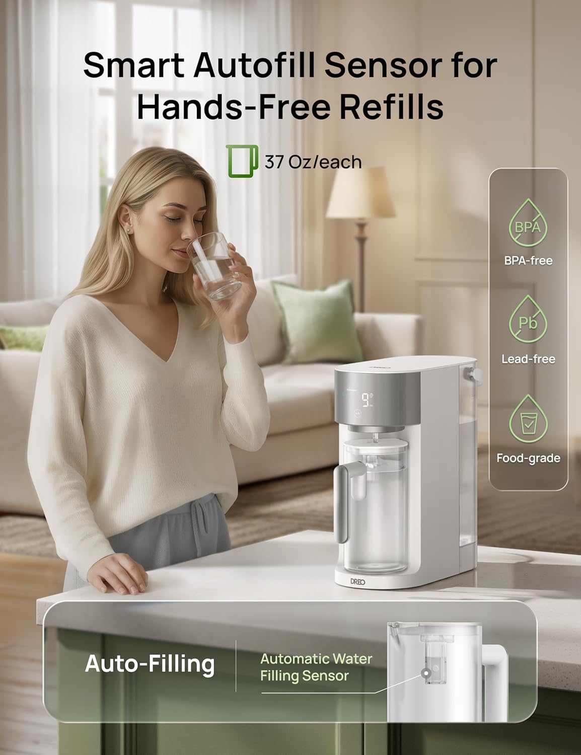 Detalle de Dreo Countertop Reverse Osmosis Water Filter (RO) with 3:1 Pure-to-Drain Autofill Pitcher