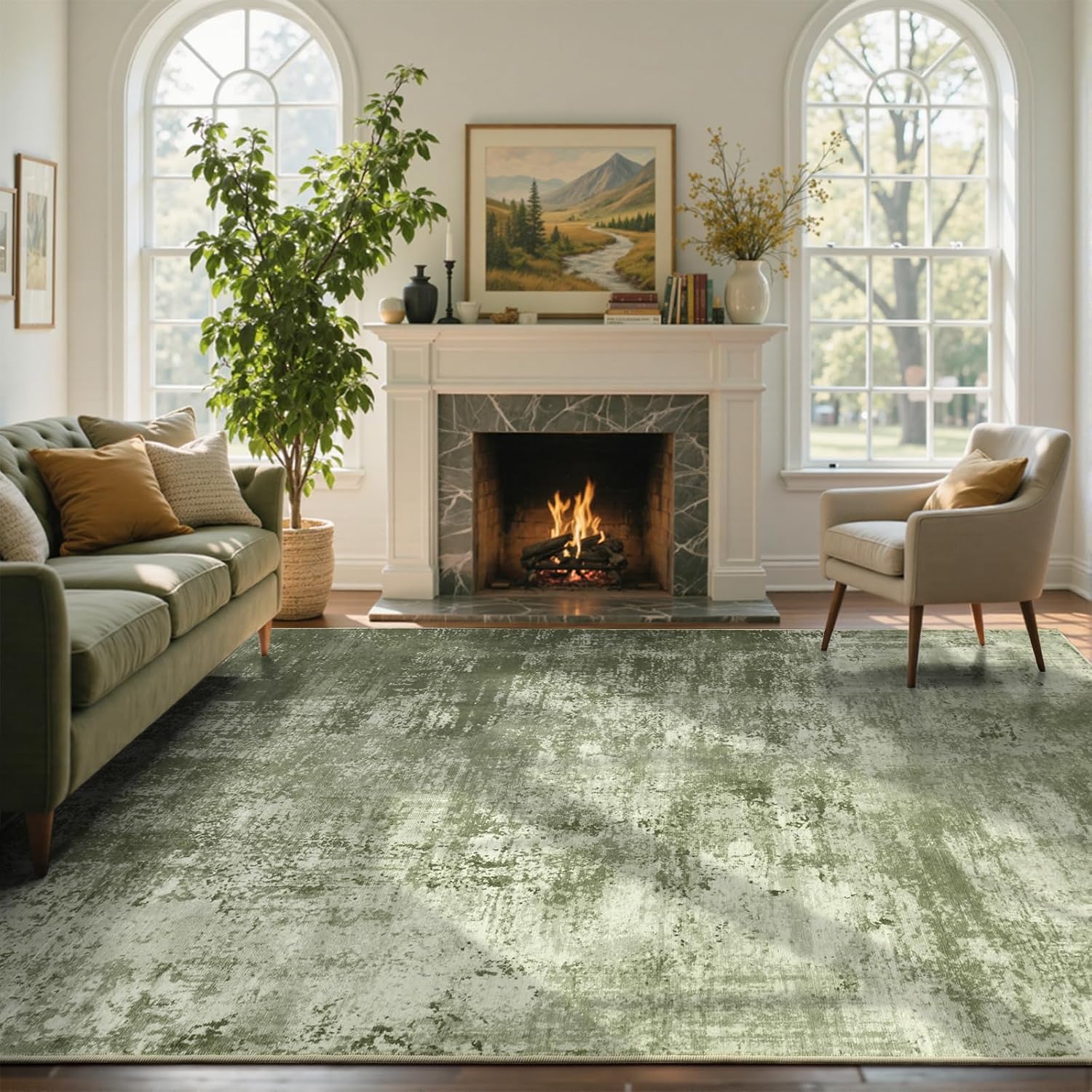 Detalle de 6x9 Ft Green Abstract Area Rug — Soft, Non-Slip, Machine Washable for Living Room or Nursery