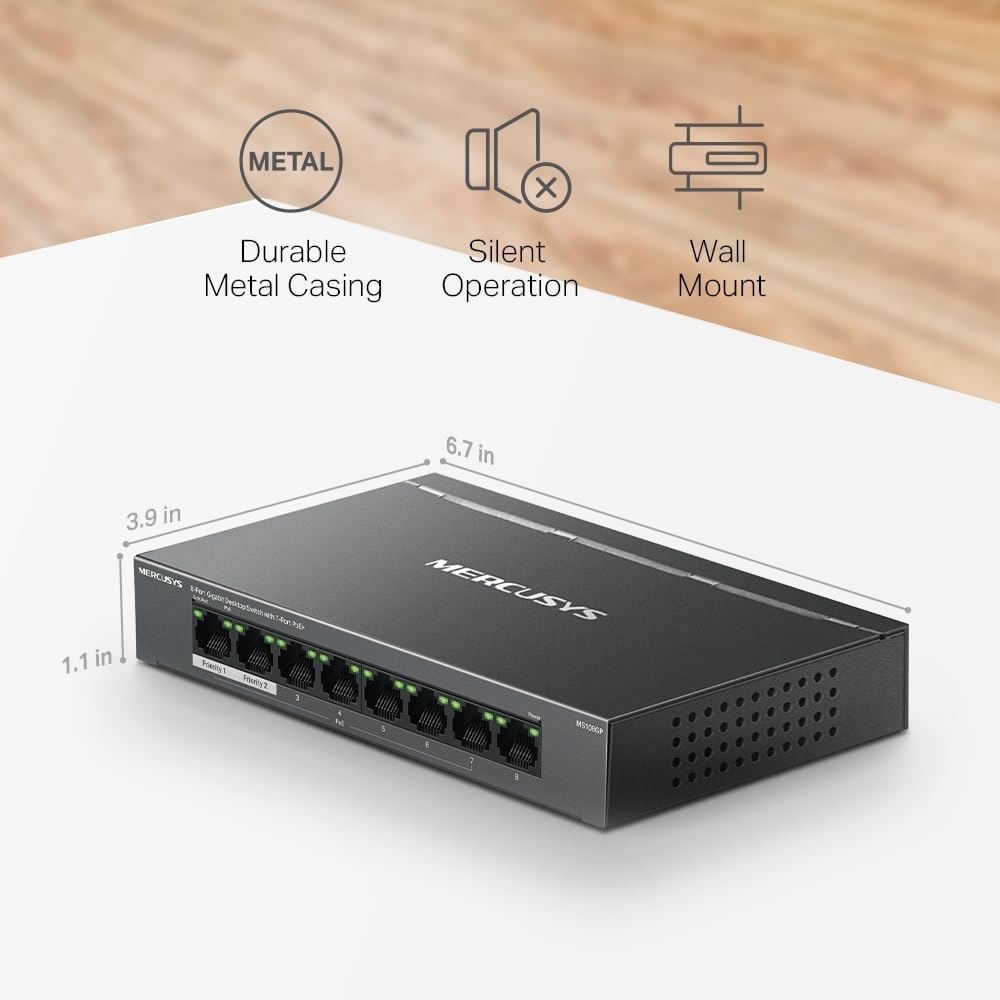 Detalle 2 de MERCUSYS MS108GP 8-Port Gigabit PoE Switch with 7 PoE+ Ports and 250 m Extend Mode