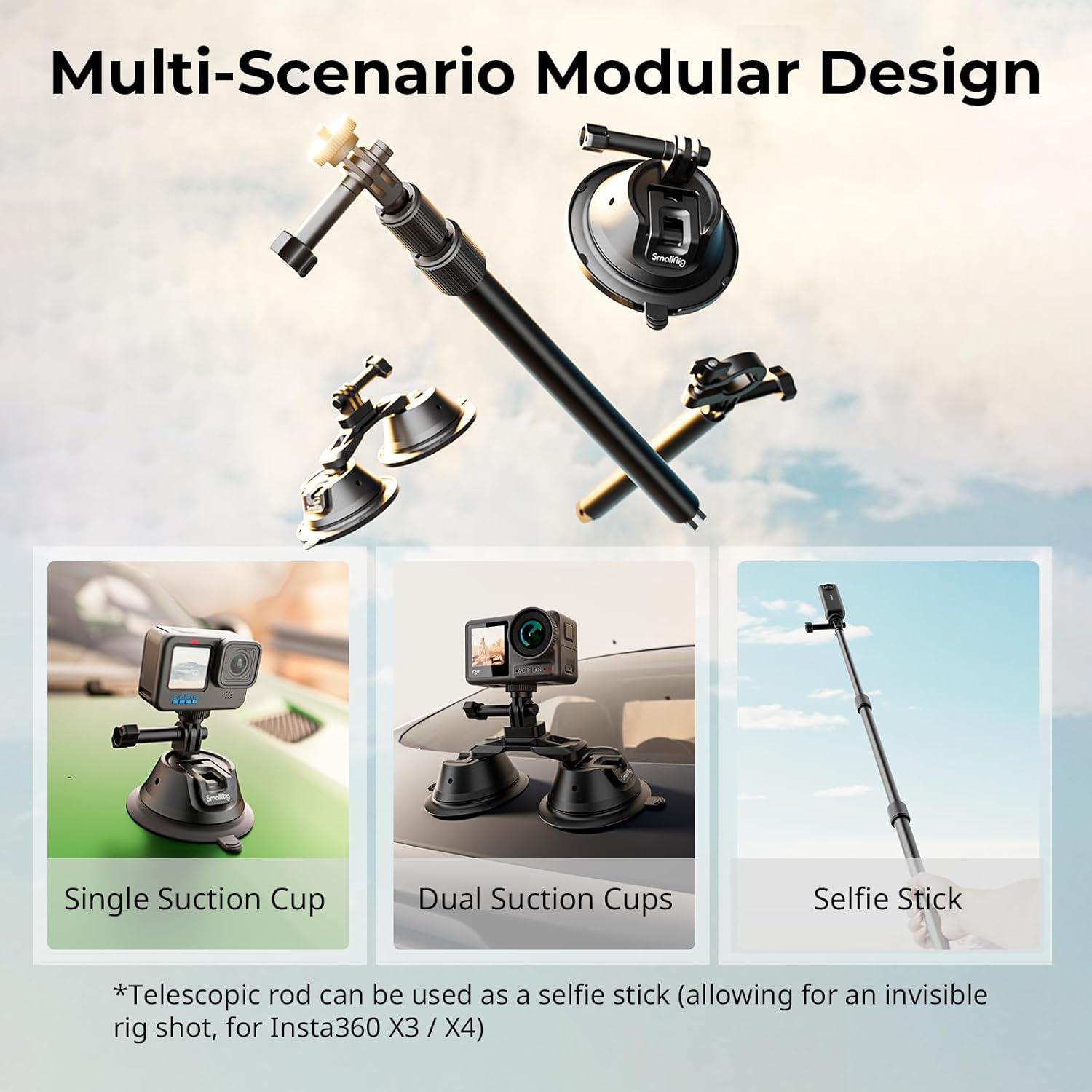 Thumbnail 5 de SmallRig Car Mount for Insta360 X4/X3 with Double-Layer Suction Cup and Telescopic Rod