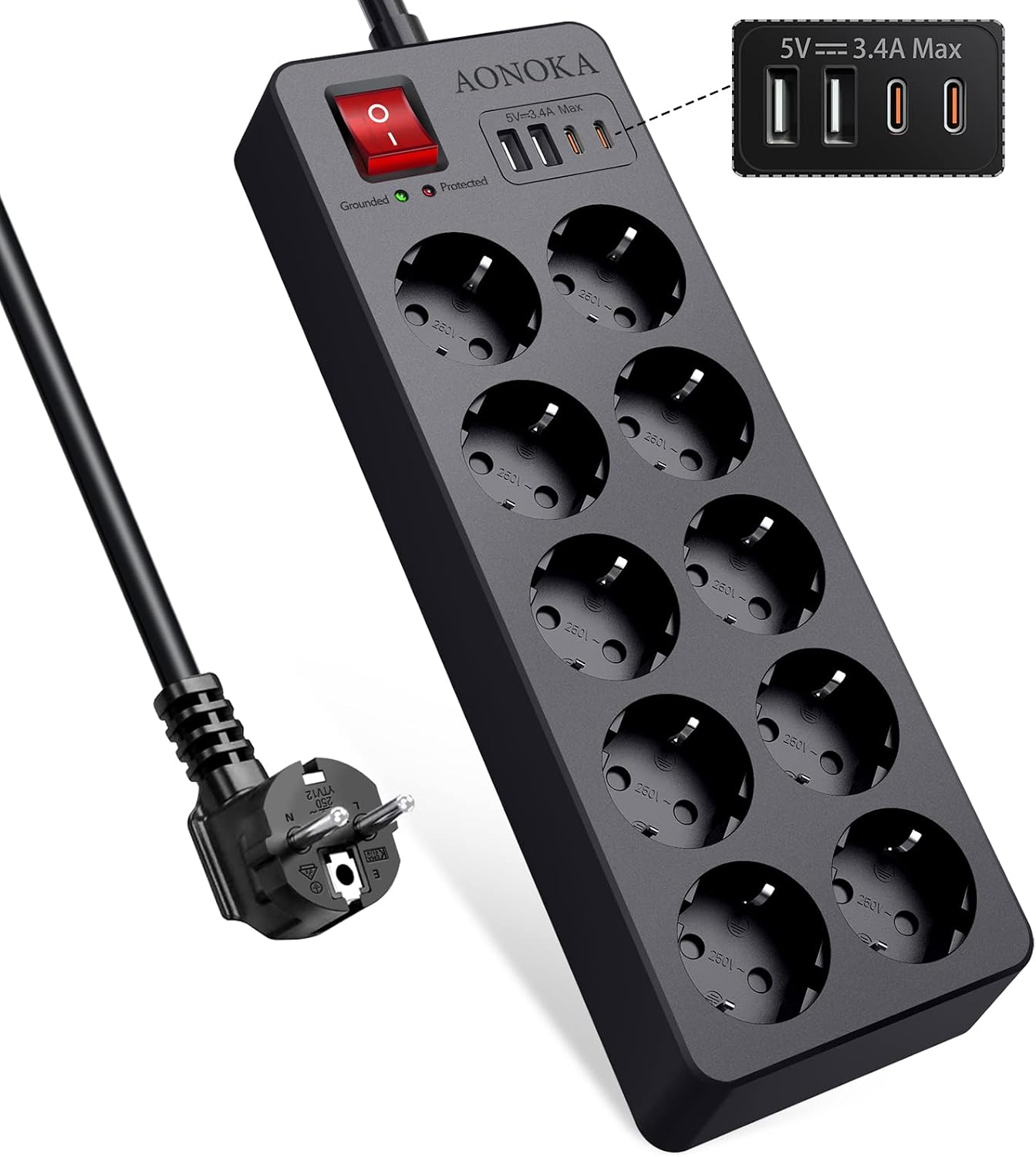 Detalle de Multipresa 10 Posti con USB-C e protezione sovratensione – 1,5 m, Nero