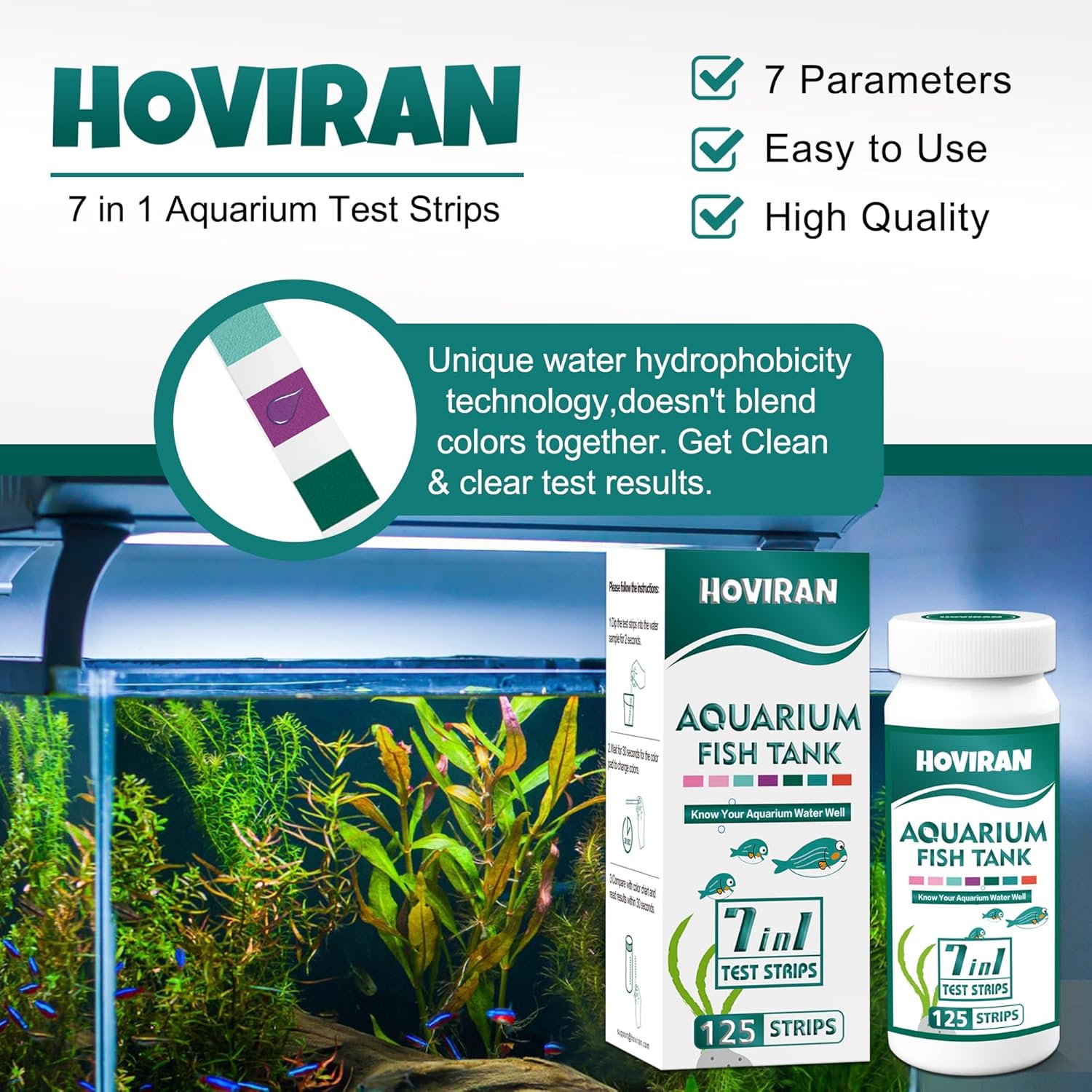 Detalle de HOVIRAN 7-in-1 Aquarium Teststreifen (125 Stück) für Süß- und Salzwasser